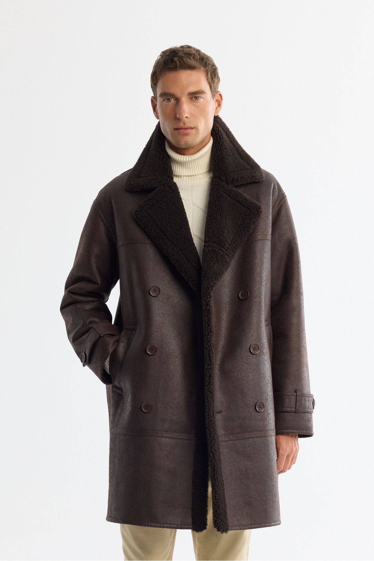Men's coffee fur mono collar leather -looking long napa coat A42y6125