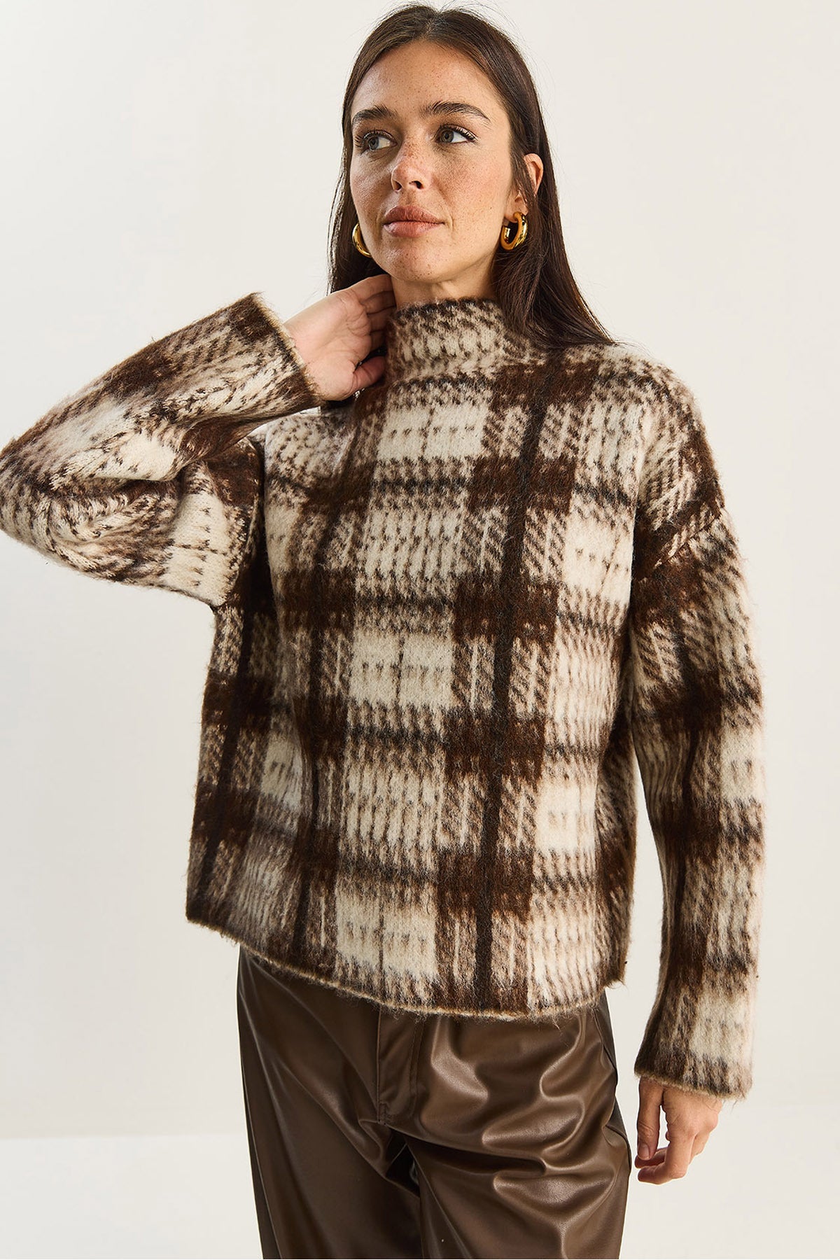 Women's Brushed Effect Checked Knitted Sweater 20258060