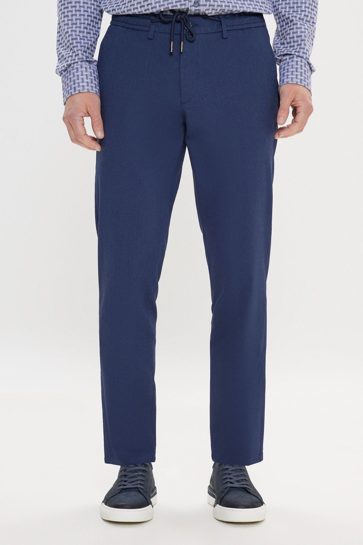 Men's Navy Blue Comfort Fit Casual Cut Cotton Waist Tied Side Pocket Amelor Pants
