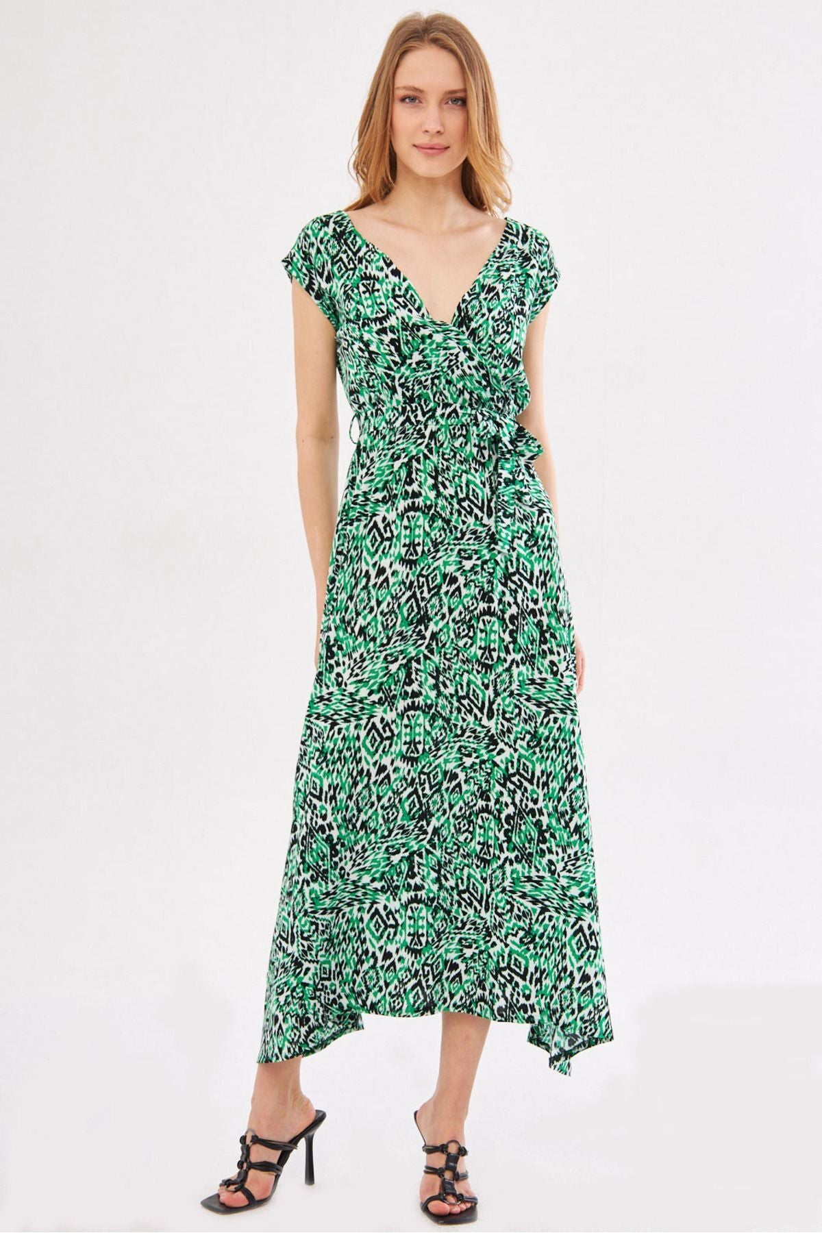 Female Green Efta Dress Rear and Front Cyprus Belled Belly Patterned Midi Boy ARM-24Y001027