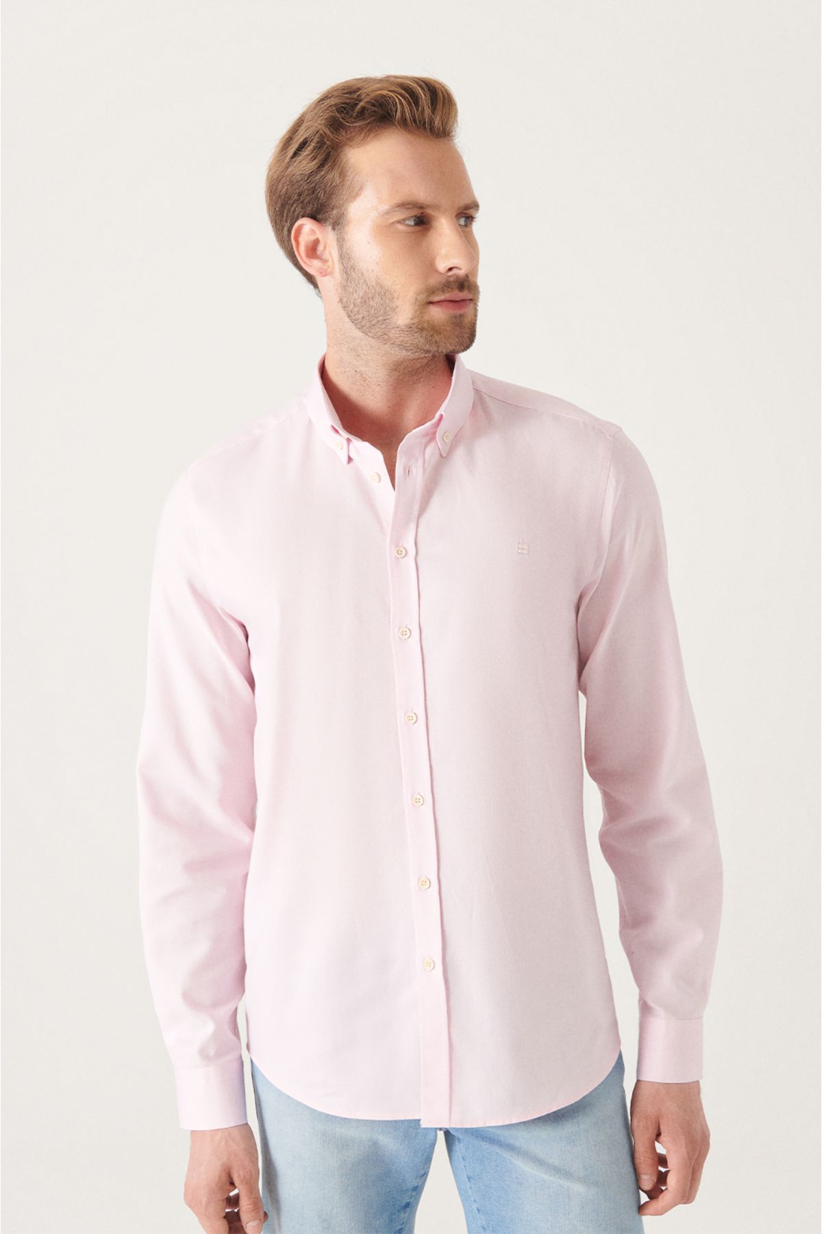 Men's Light Pink Oxford 100 %Cotton button with collar shirt B002003