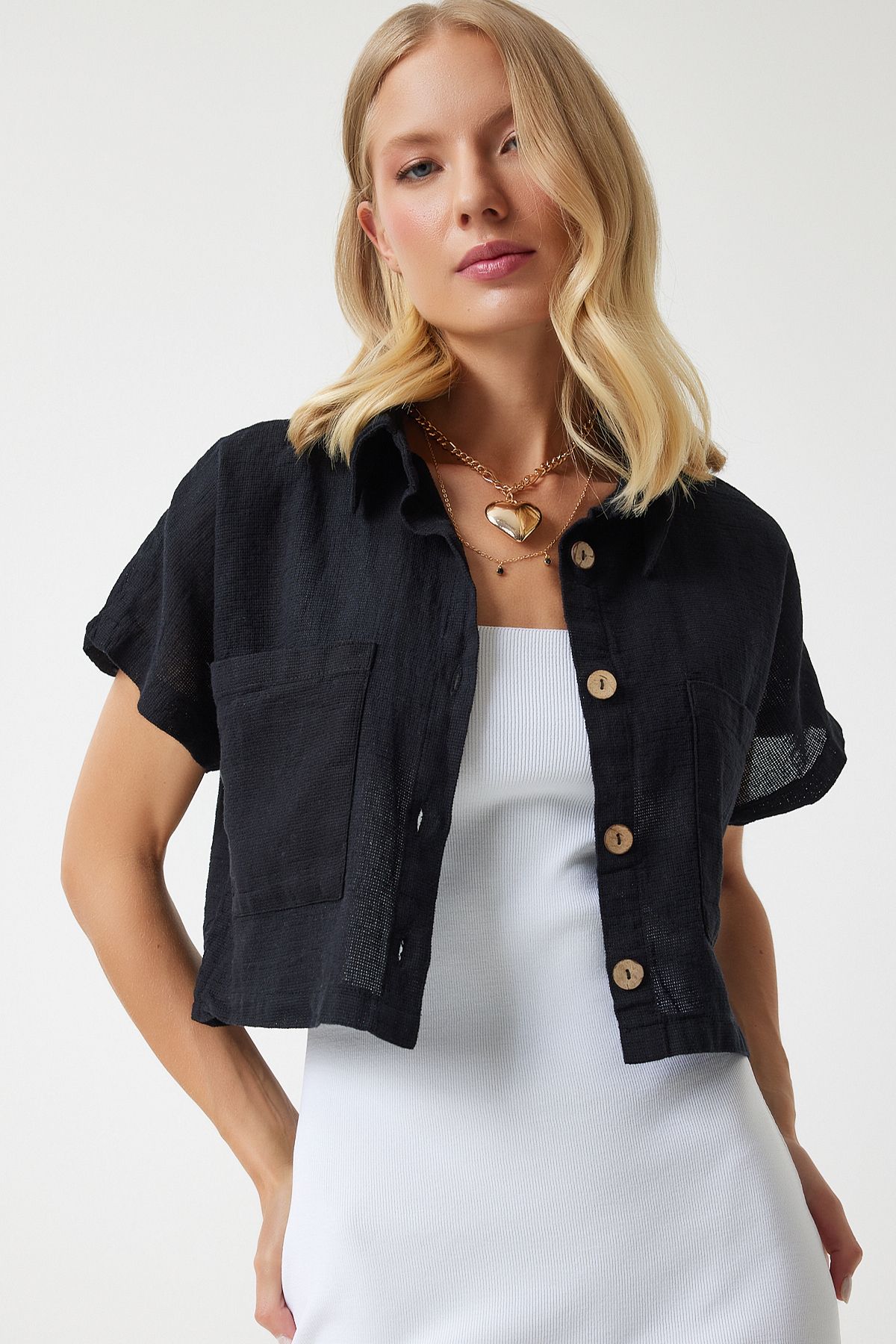 Women's Black Wide Pocket Cottage Summer Bolero Jacket GP00004