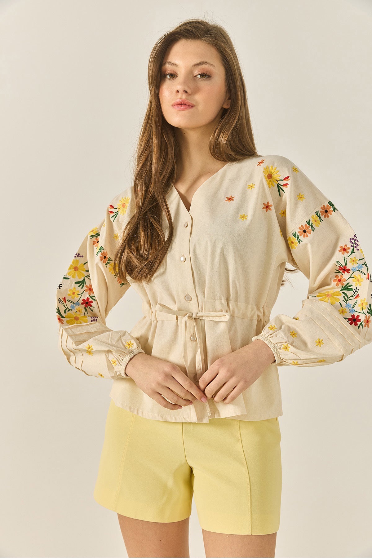 Women's V-Neck Embroidered Waist Tied Linen Shirt with Elastic Sleeves 2007 60283308
