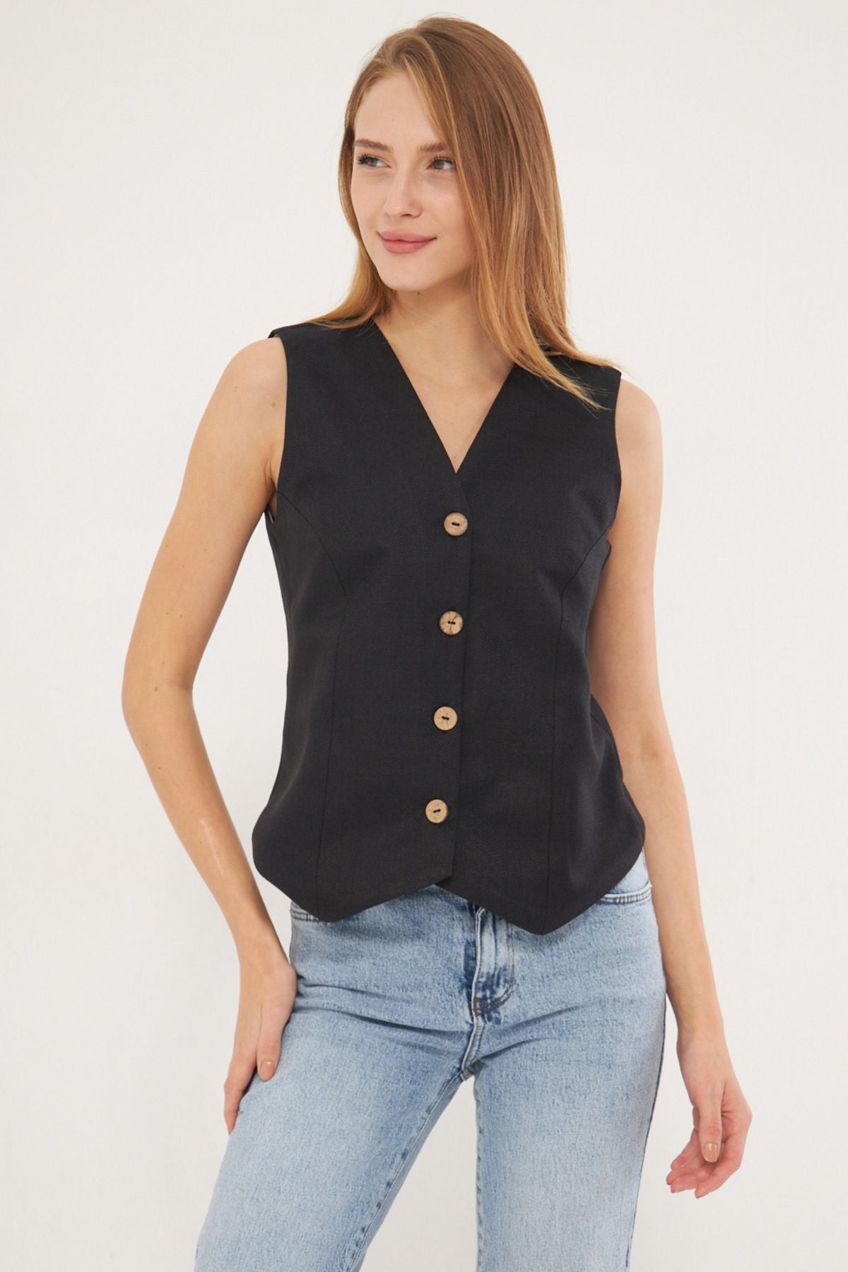 Female Black V-Neck Sitting on the Body Linen Lined Vest ARM-24Y001111