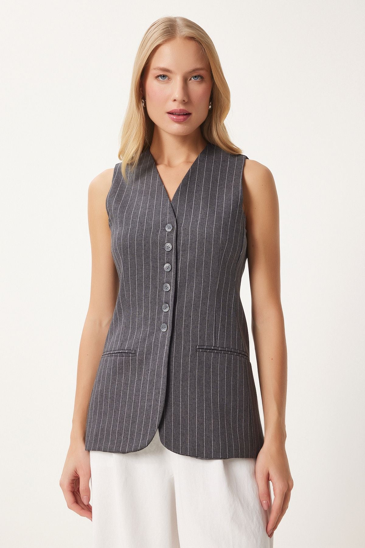 Woman anthracite Fleto pocket detailed striped weaving vest to00156