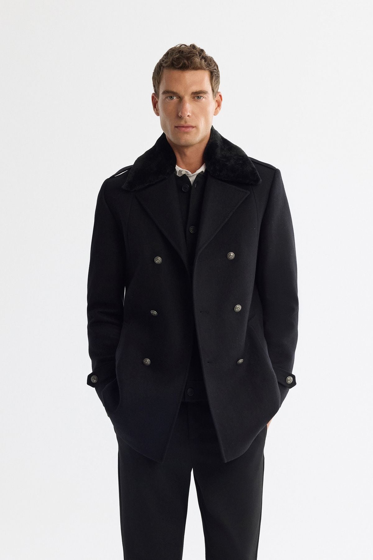 Men's black cruiser closing woolen collar Removable furred stamp coat a42y6099