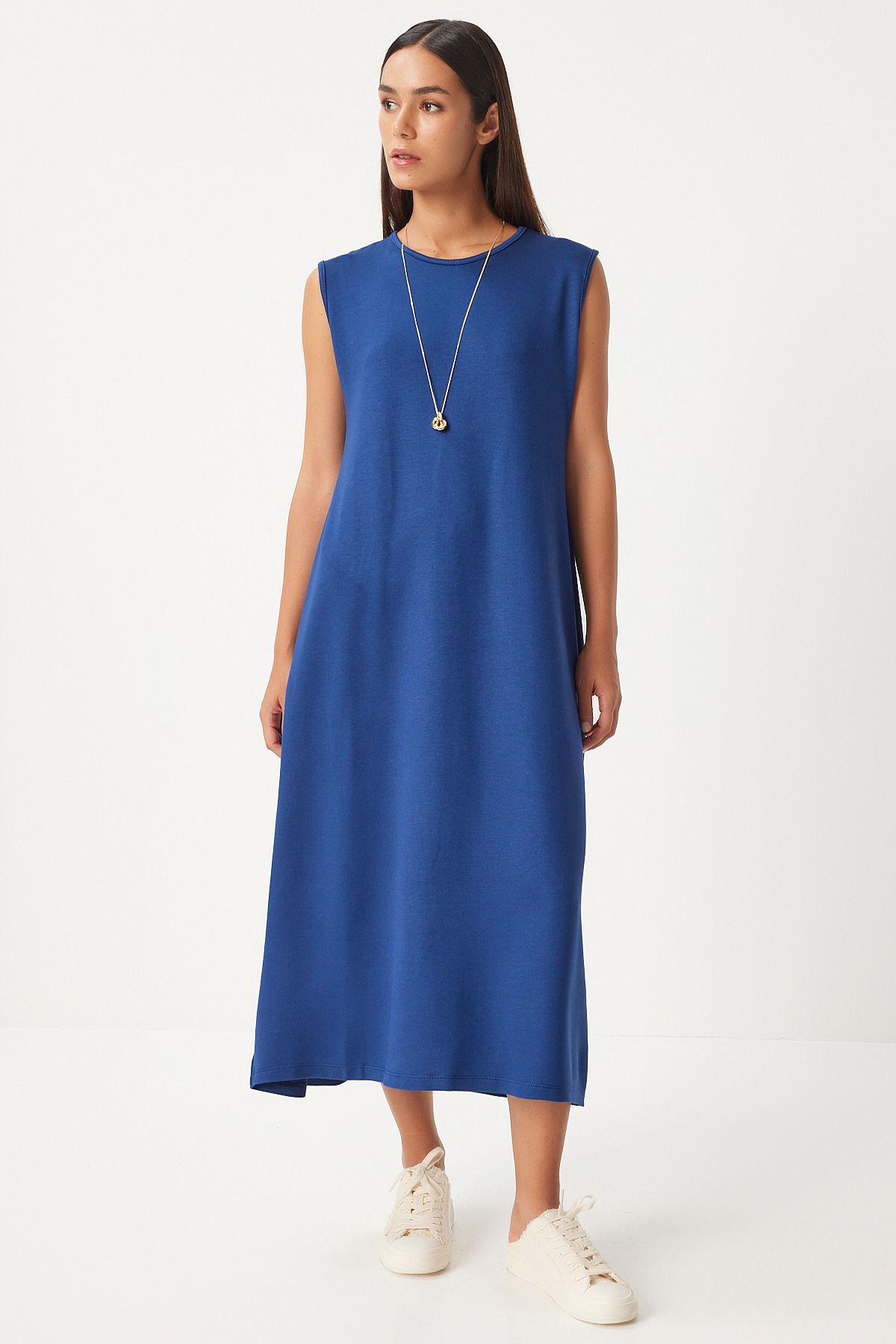 Woman Navy blue Sleeveless Summer Lycled Wrapped Knitting Dress BF00098
