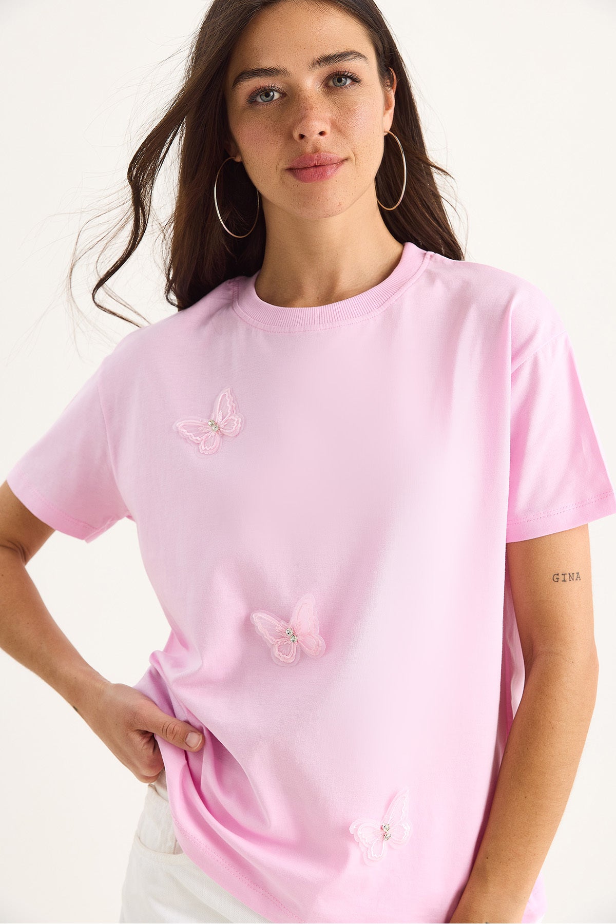 Women's Butterfly Accessory Crew Neck Cotton T-Shirt 60602071