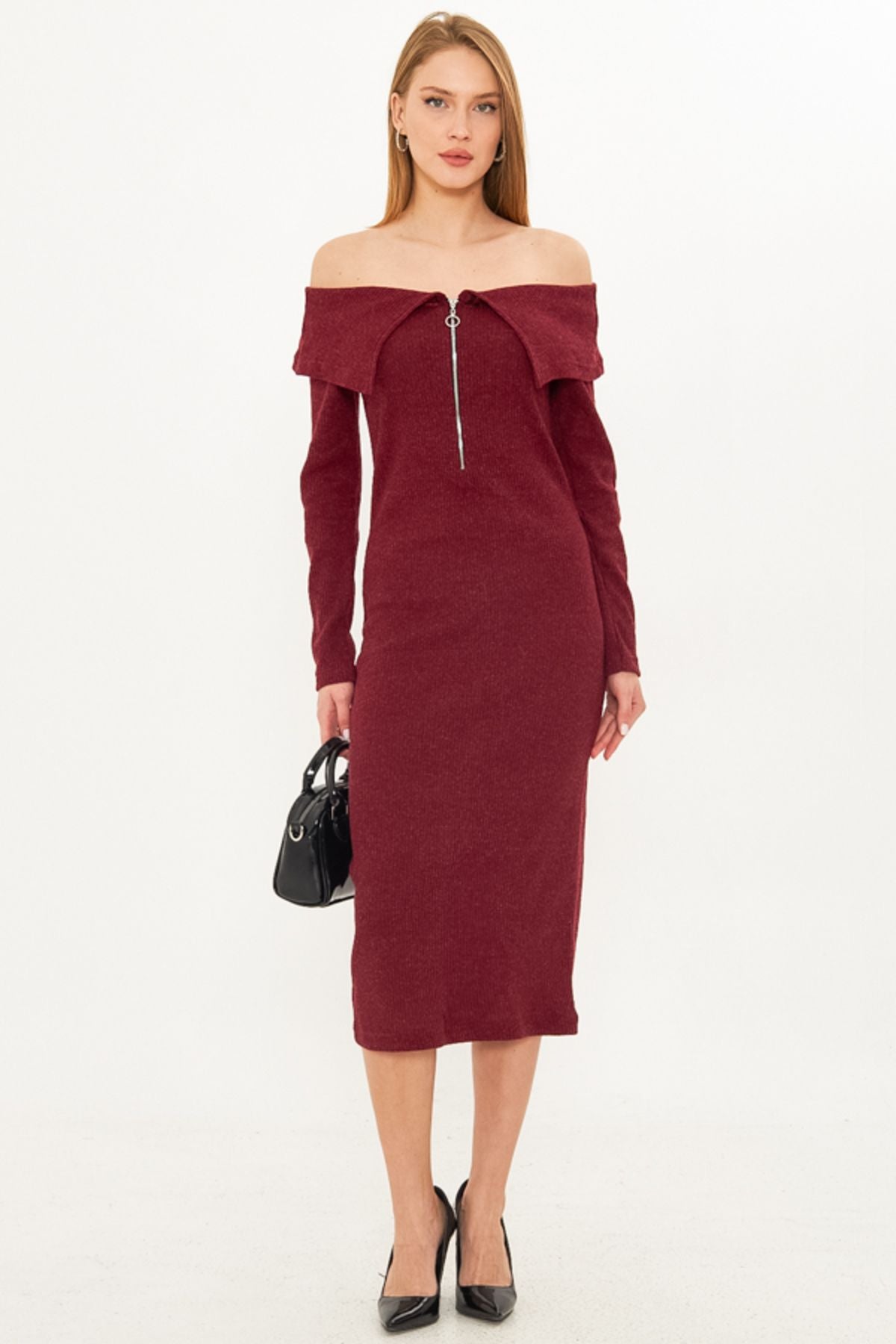 Female Bordeaux Low Shoulder Front Zippered Slit Midi Boynlet Dress ARM-25K001089