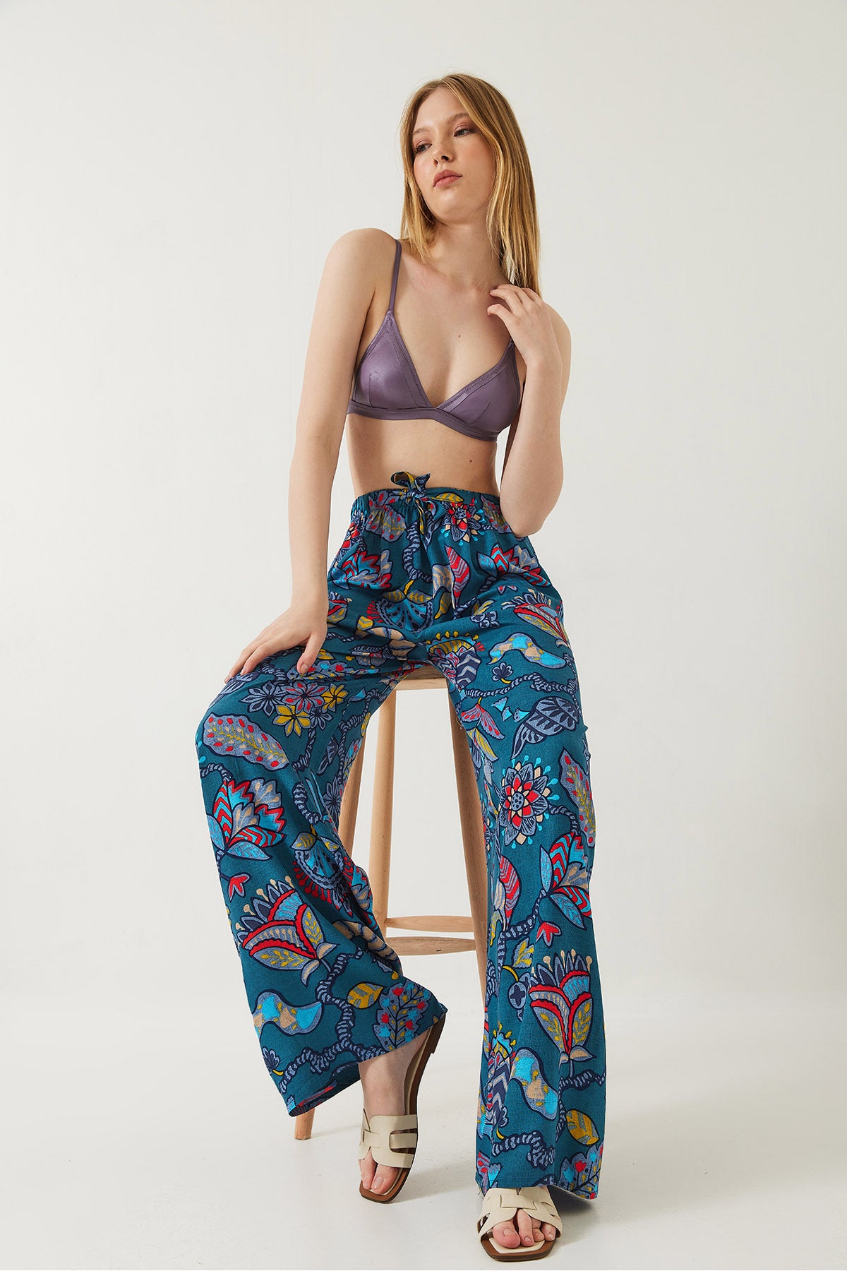 Women's Waist Tied Patterned Viscose Trousers 60261354