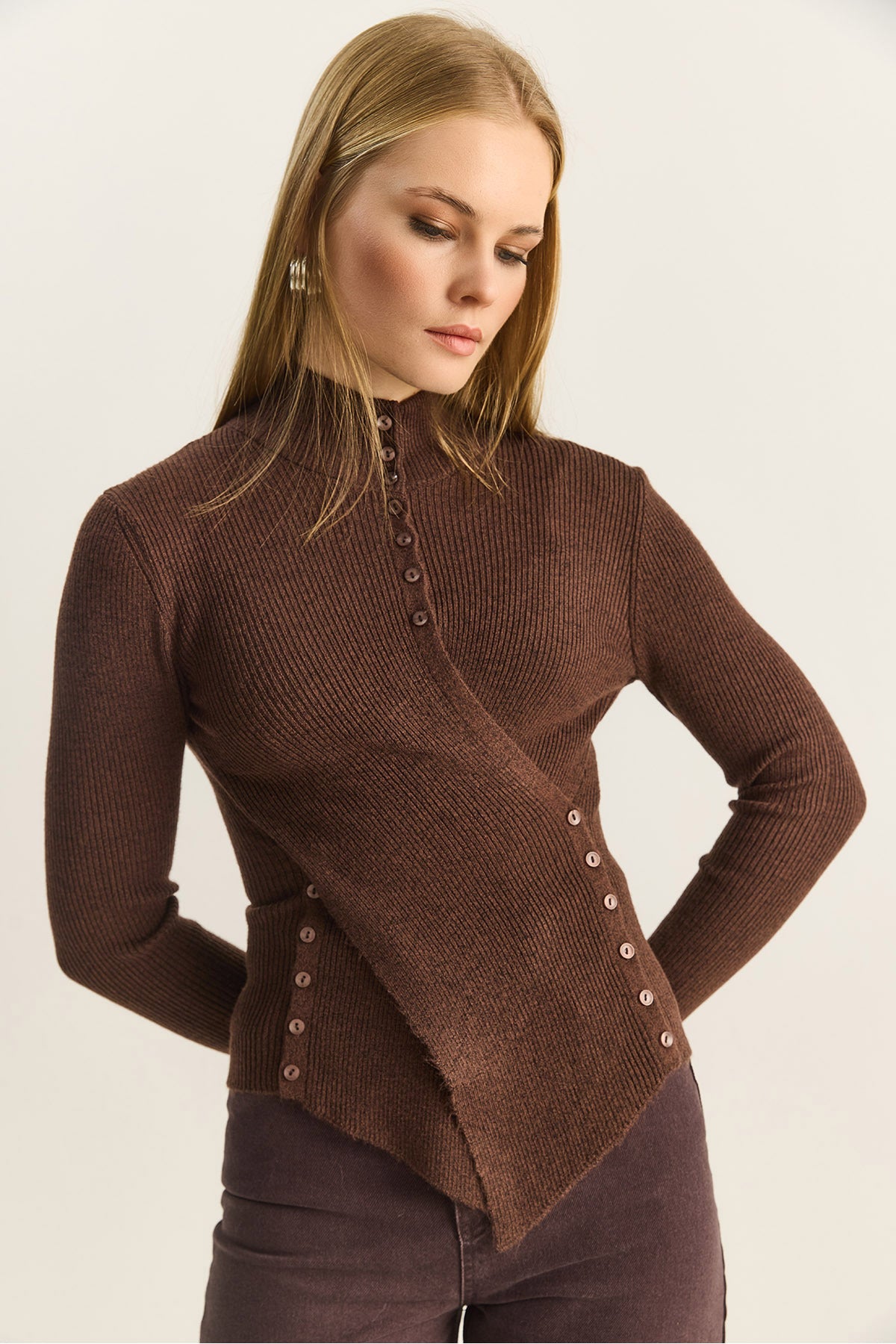 Women's Turtleneck Asymmetrical Button Detailed Knitwear Sweater TK251027 60283908