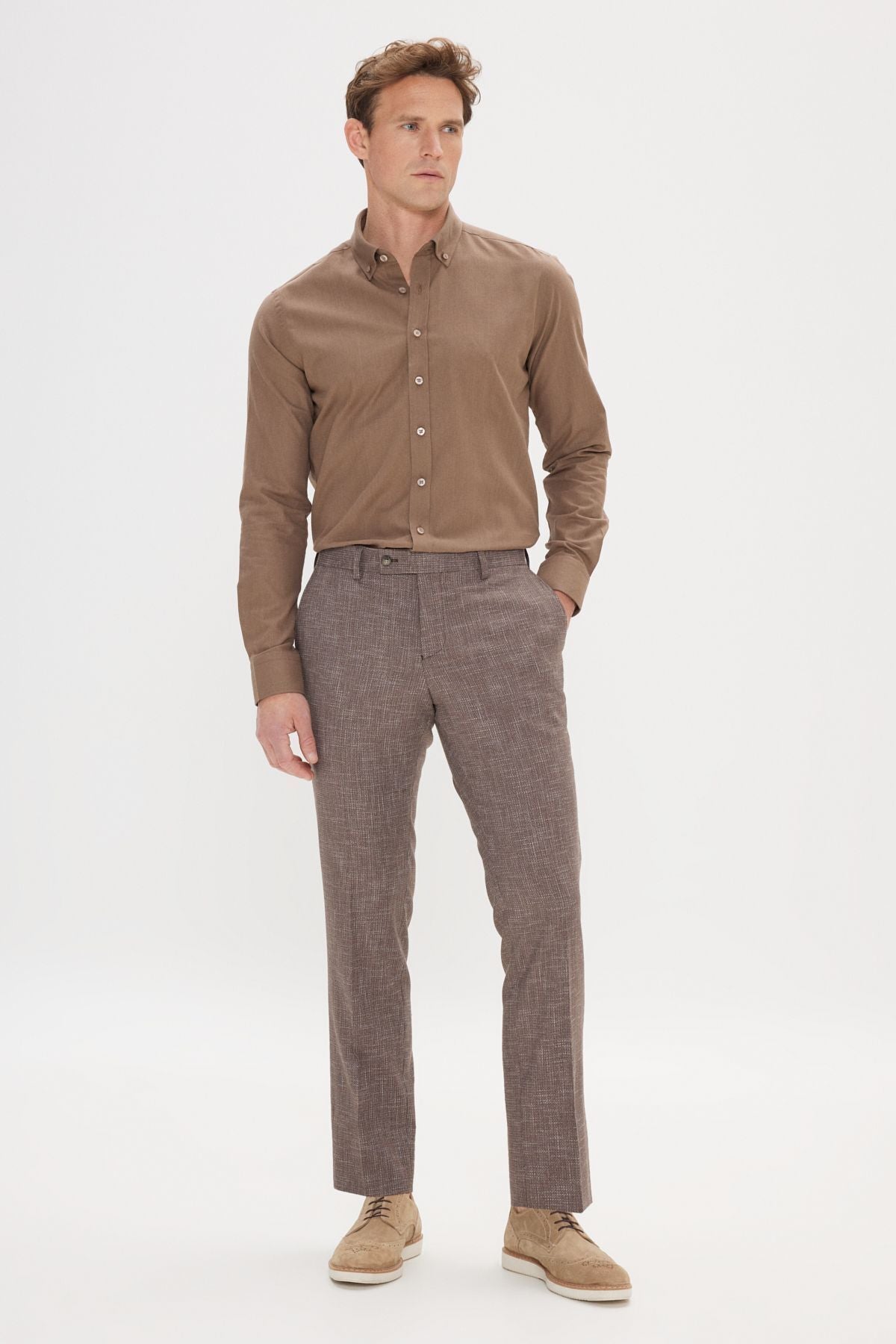 Men's Brown 100 %Cotton Breathing Fabric Oxford Slim Fit button with collar pennant shirt
