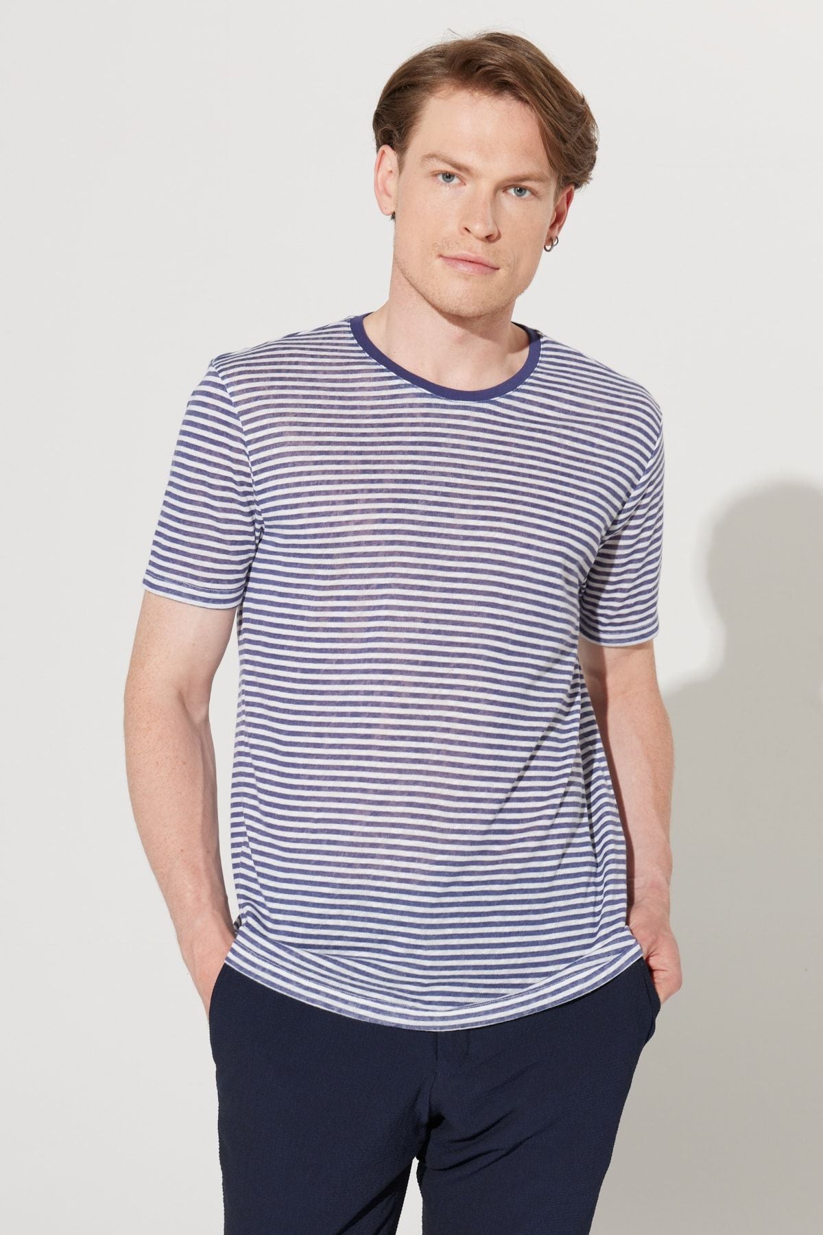 Men's White-Lacivert Slim Fit Narrow Cutting Bike Bike collar striped T-shirt