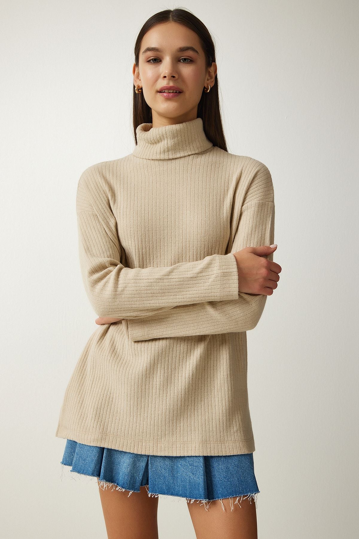 Female Beige Fisherman Neck Vumor Oversiz knit blouse UB00213