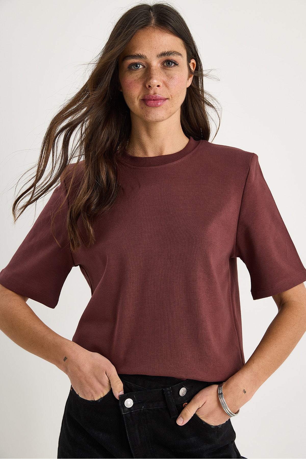 Women's Crew Neck Padded Cotton Basic T-Shirt 241134 60283128