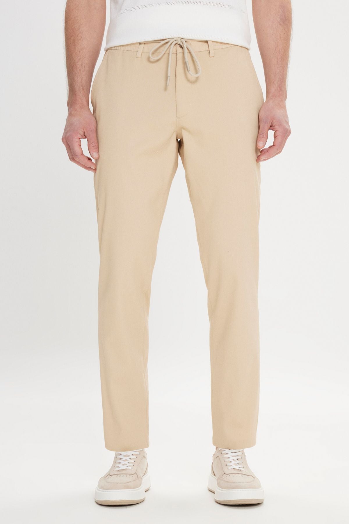 Men's Beige Comfort Fit Casual Cut Cotton Low Tinded Side Pocket Amelor Pants
