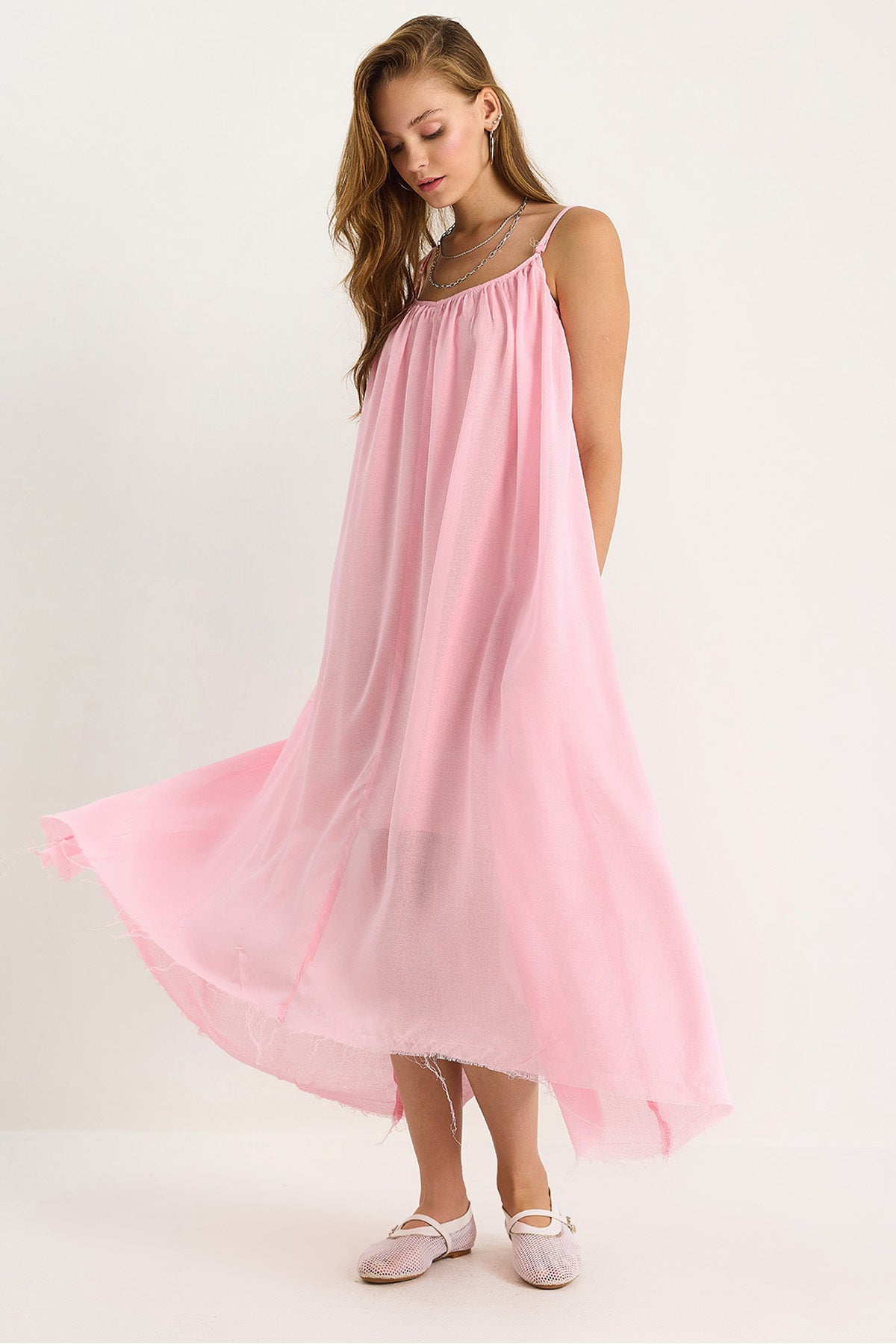 Women's Thin Strap Casual Lined Cotton Summer Long Dress 5971 60281106