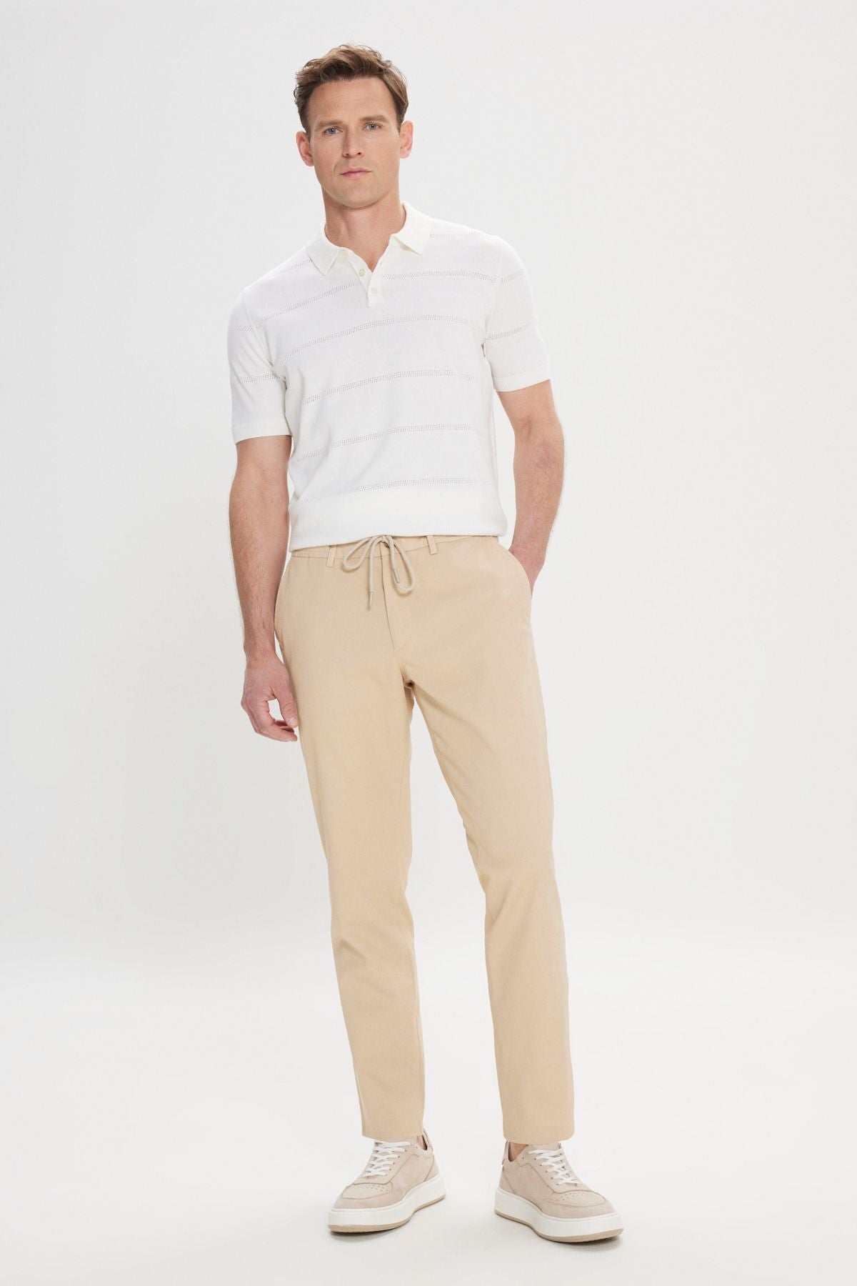 Men's Beige Comfort Fit Casual Cut Cotton Low Tinded Side Pocket Amelor Pants