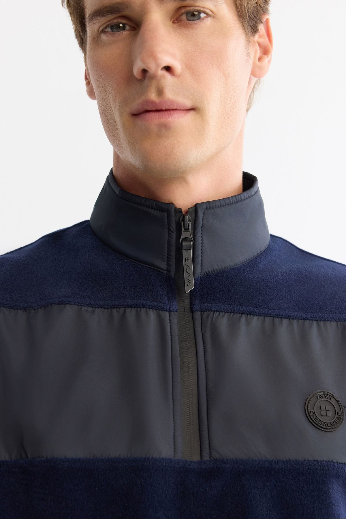 Men's navy blue cold -resistant zipper vertical collar polar sweatshirt A42y1380