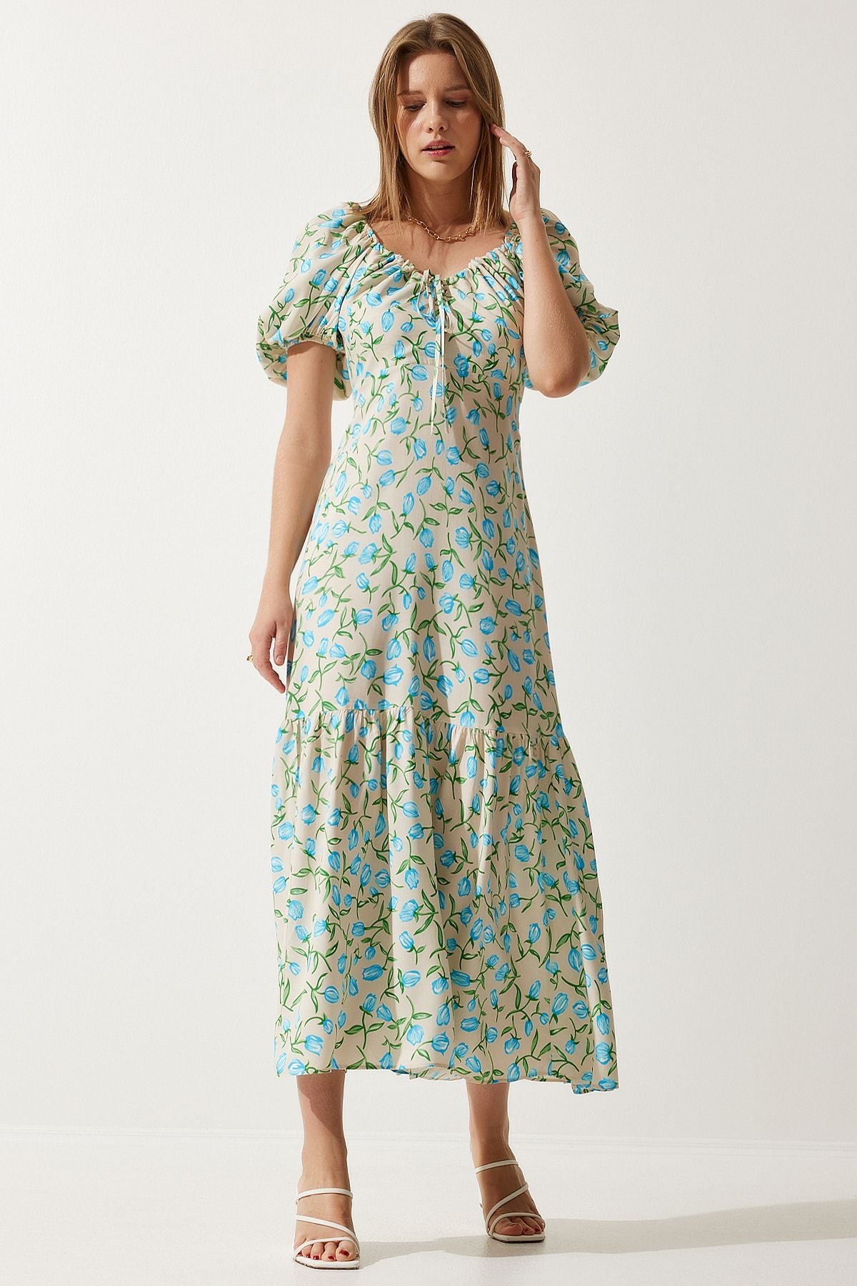 Female Beige Blue Patterned Balloon Sleeve Summer Viscose Dress FN03177