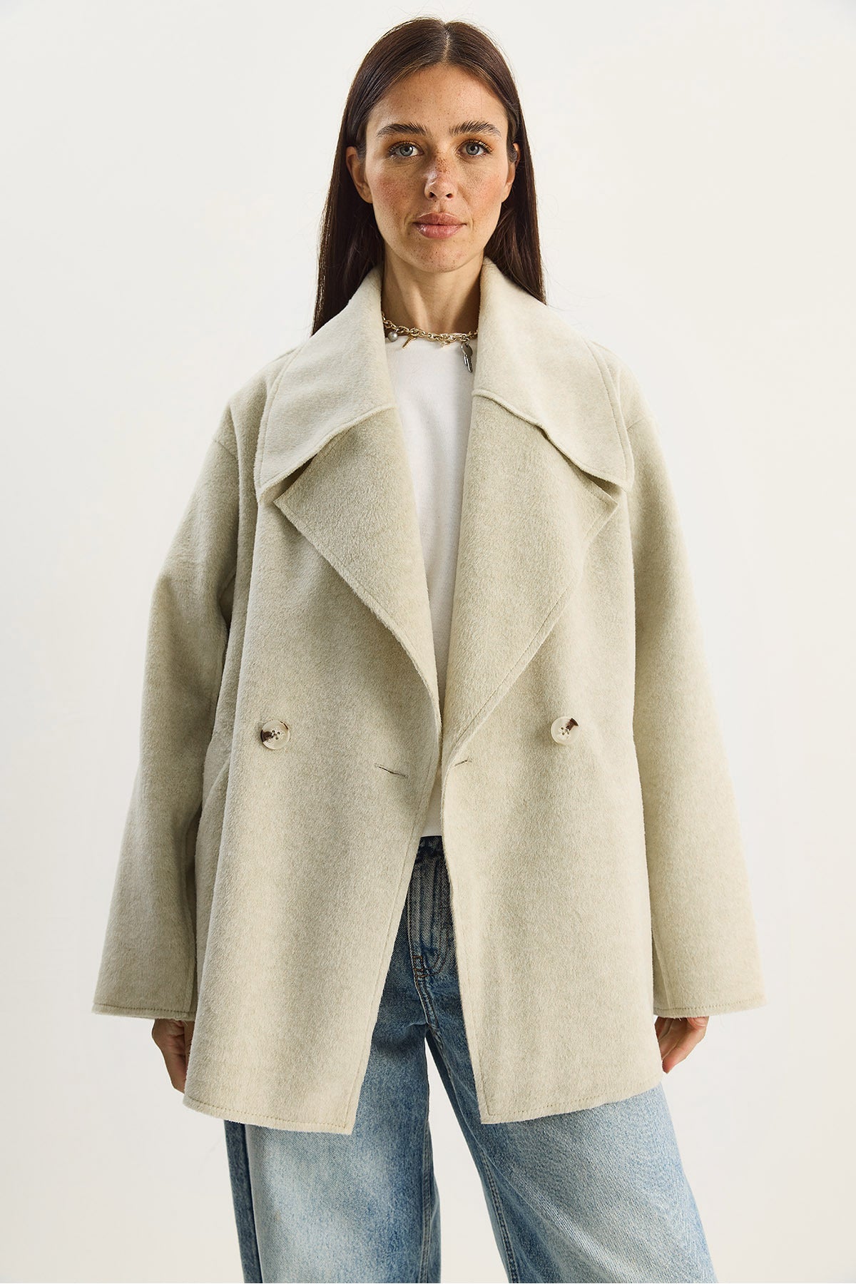 Women's Wide Collar Pocket Detailed Oversize Cashmere Coat 38183 60283785