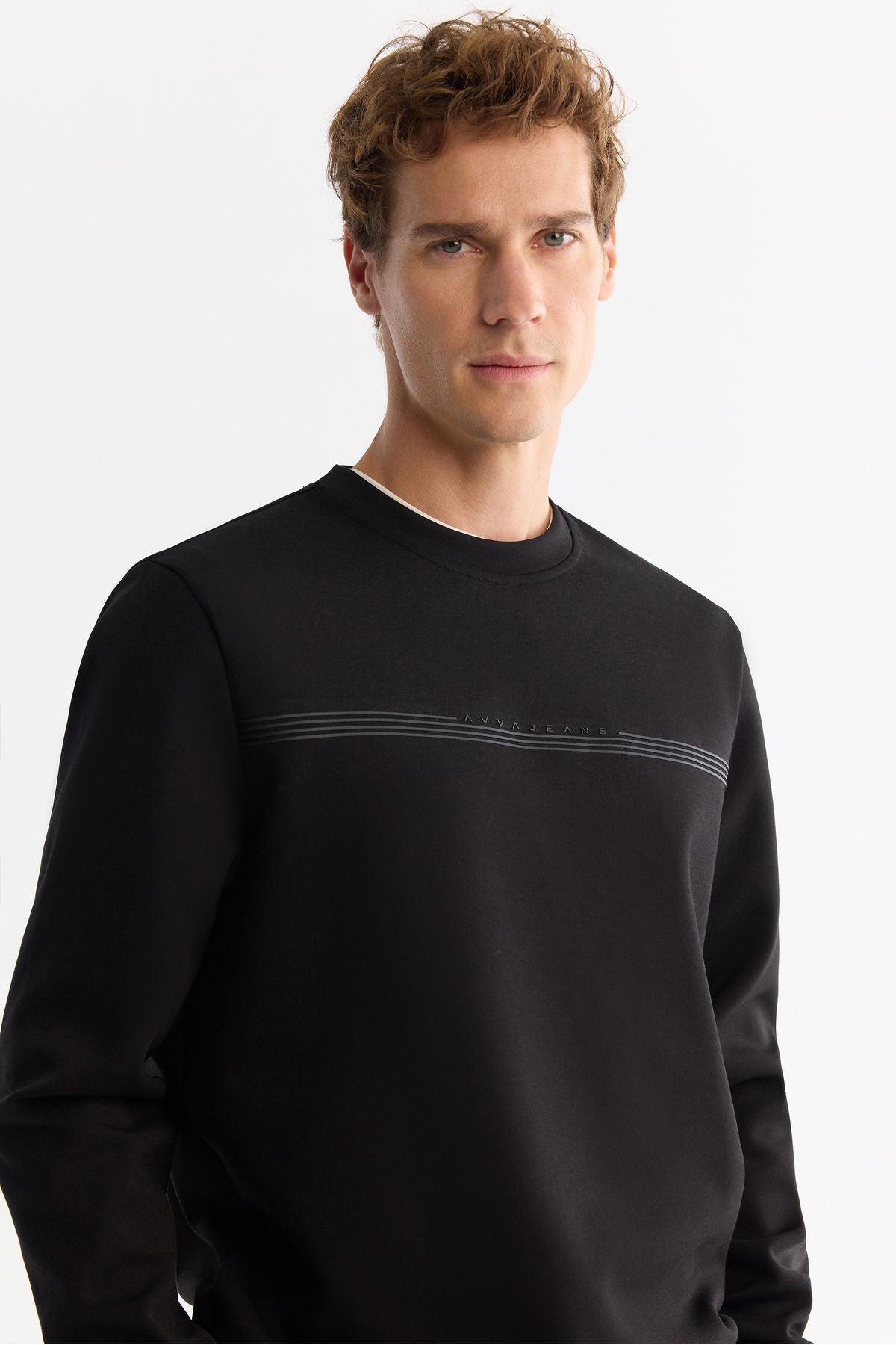 Erkek Siyah Bisiklet Yaka Pamuklu Baskılı Elastan Sweatshirt A42y1267