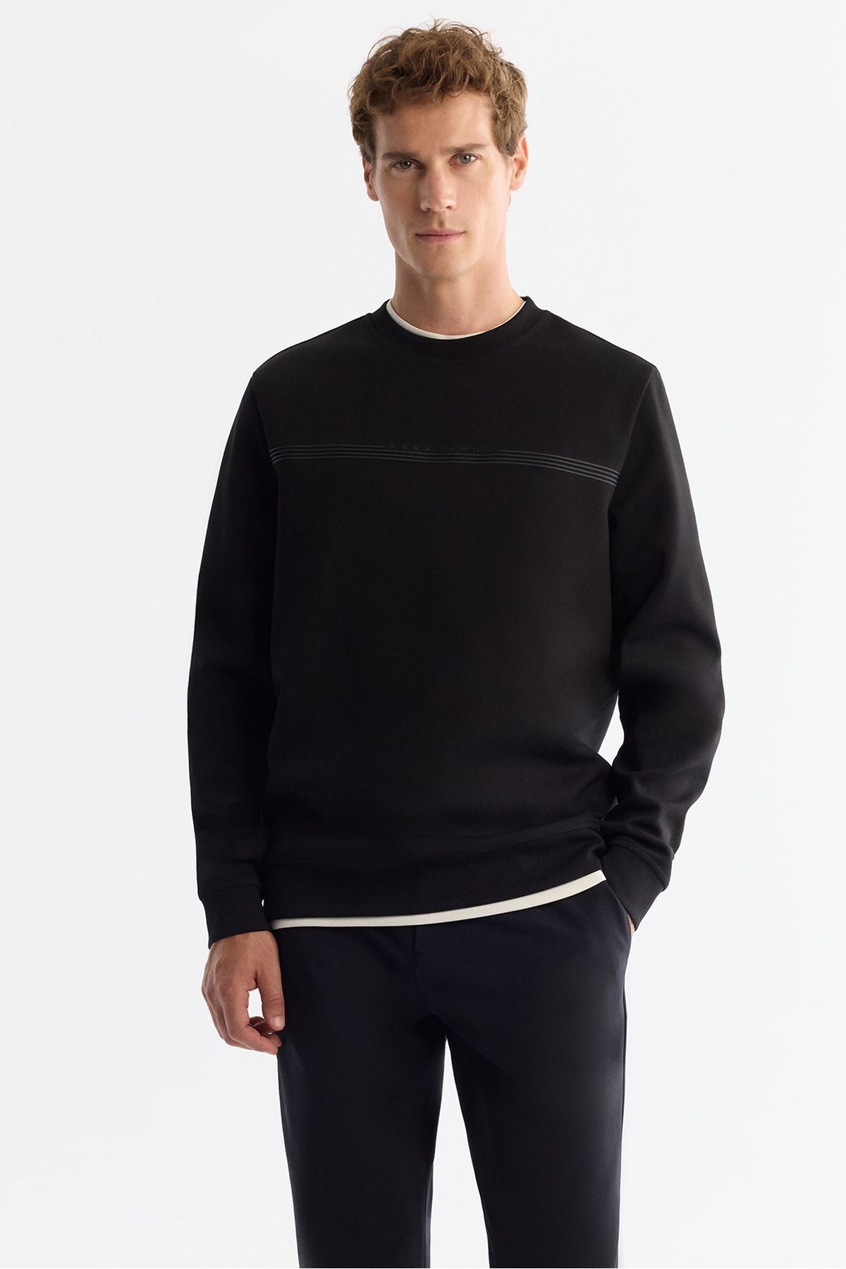 Erkek Siyah Bisiklet Yaka Pamuklu Baskılı Elastan Sweatshirt A42y1267