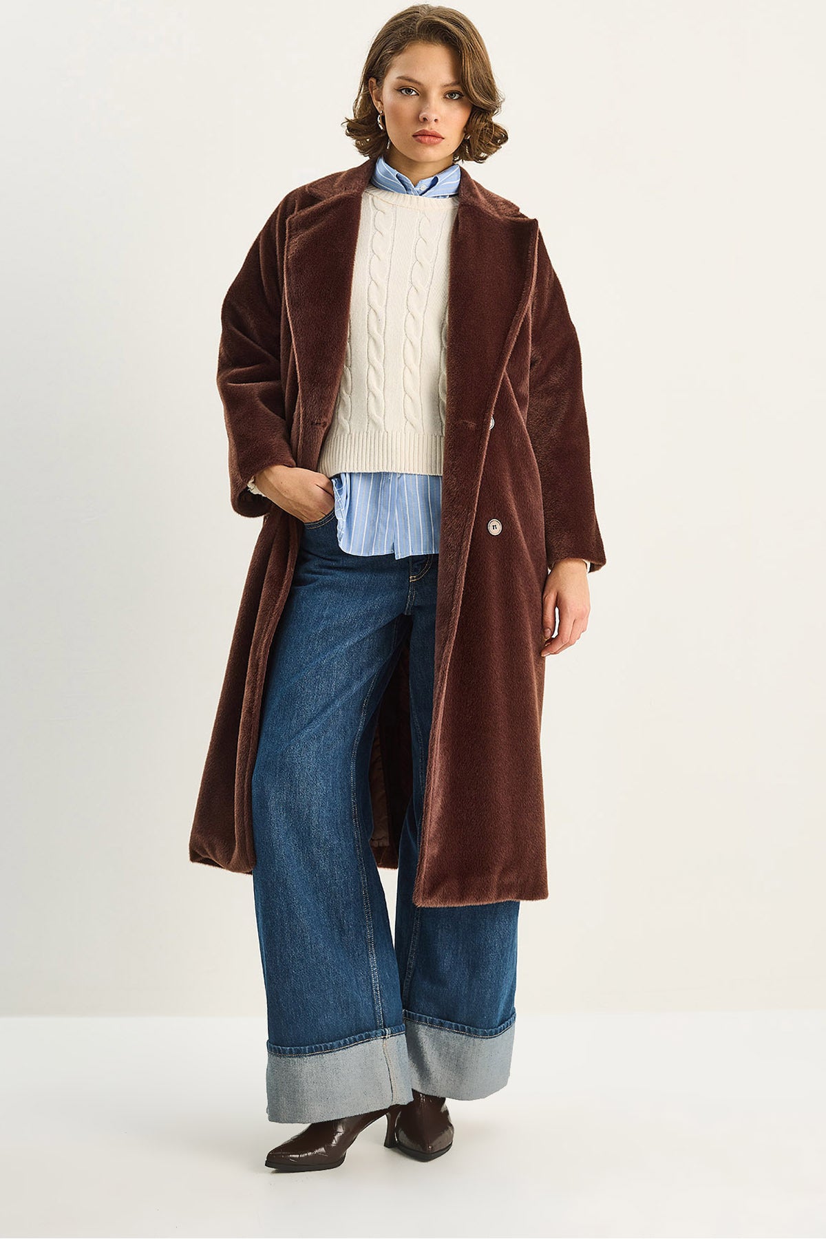 Women's Bearded Soft Textured Double Breasted Collar Lined Pocket Detailed Belted Coat 7021 60283753