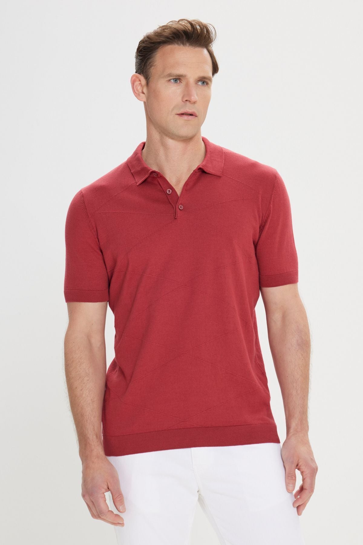 Men's Bordeaux Standard Fit Normal Cut 100 %Cotton Self -Patterned Polo Yaka knitwear T -shirt