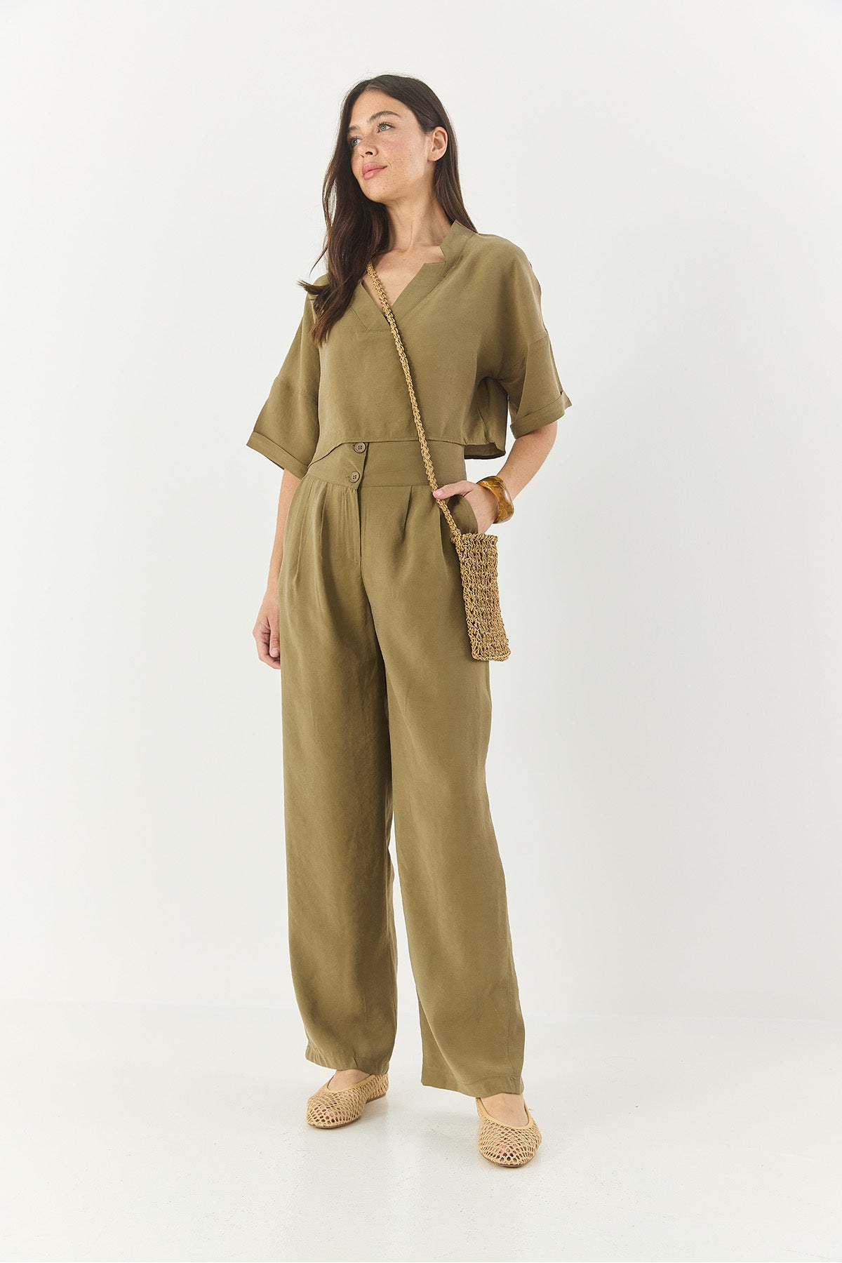 Women's V-Neck Blouse with High Waist Trousers Modal Bottom-Top Set 9330 60281052