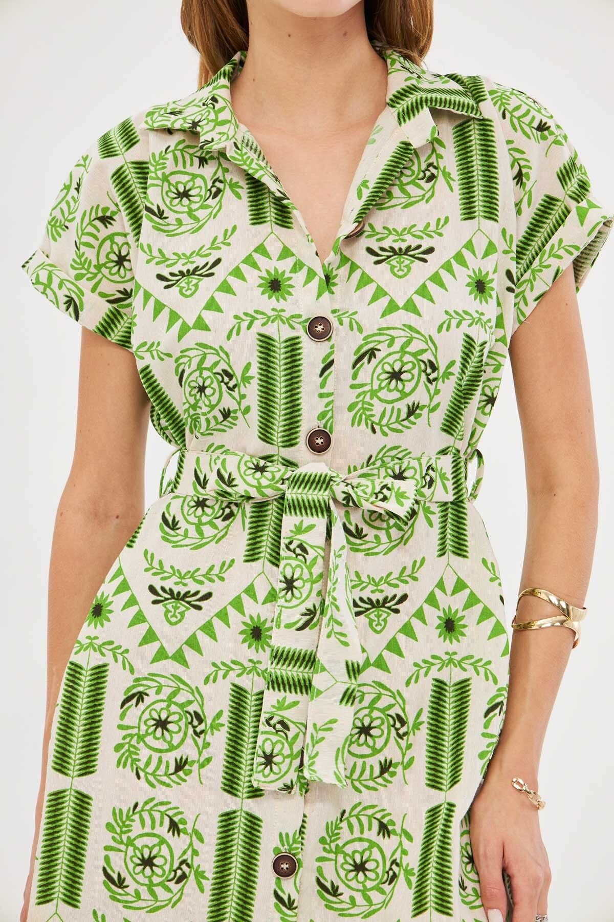 Female peanut green patterned linen-looking waist belt short sleeve shirt dress ARM-24Y001108