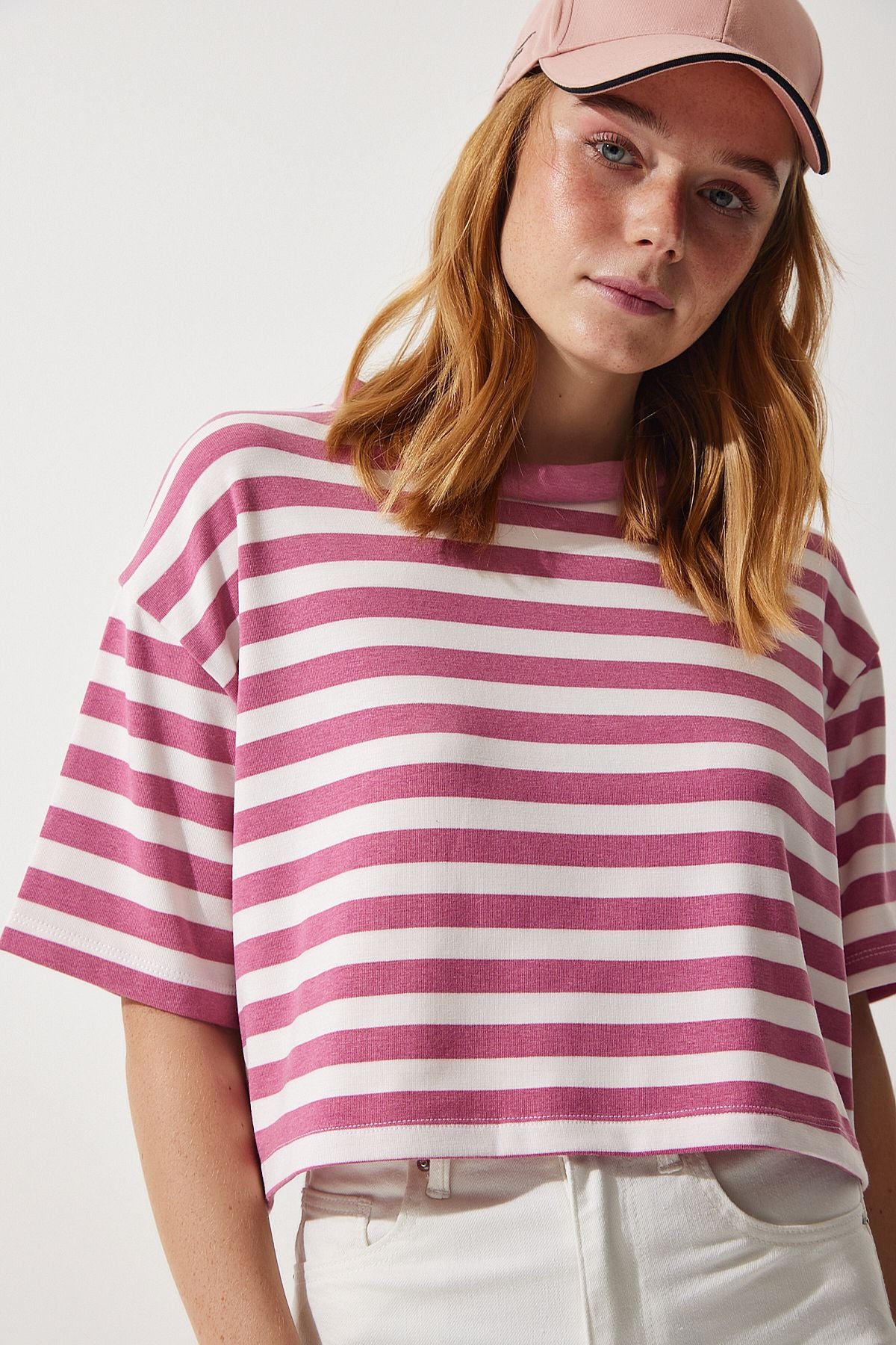 WOMEN'S ROSE KIZI BICYCLE COLLAR striped Crop knitting T-shirt CR00427