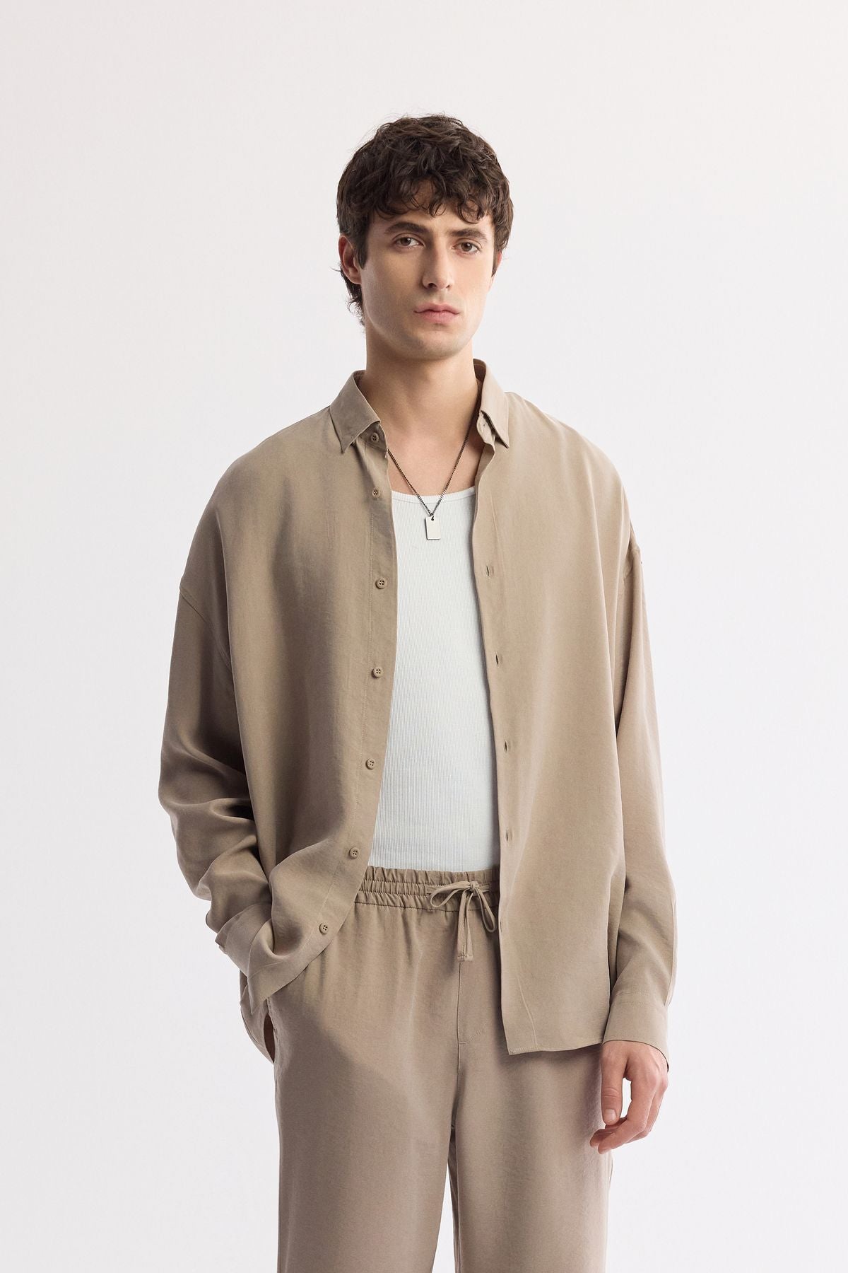 Men's Beige Waist Modal Mixed Casual Cutting Trojan Relaxed Fit Pants A51y3031