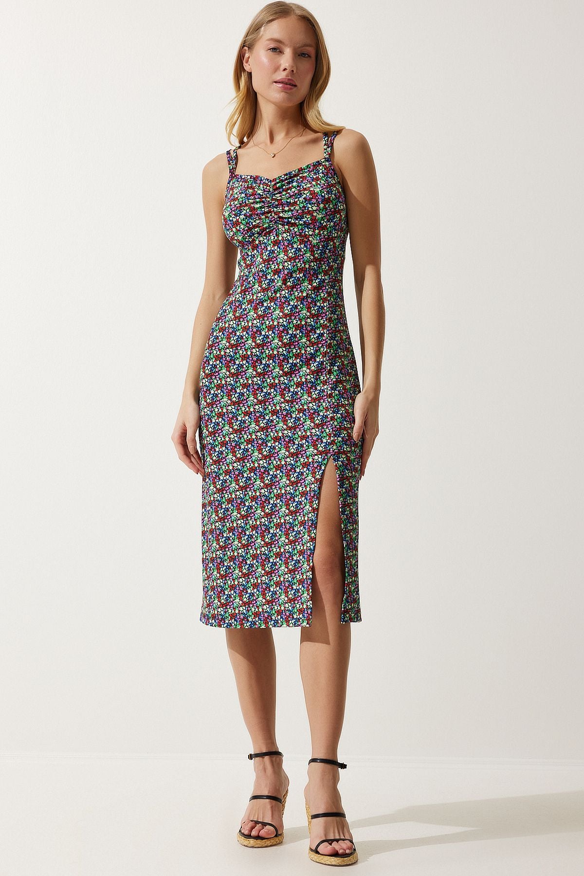 Woman Blue Green Double strap patterned knitted dress mc00262