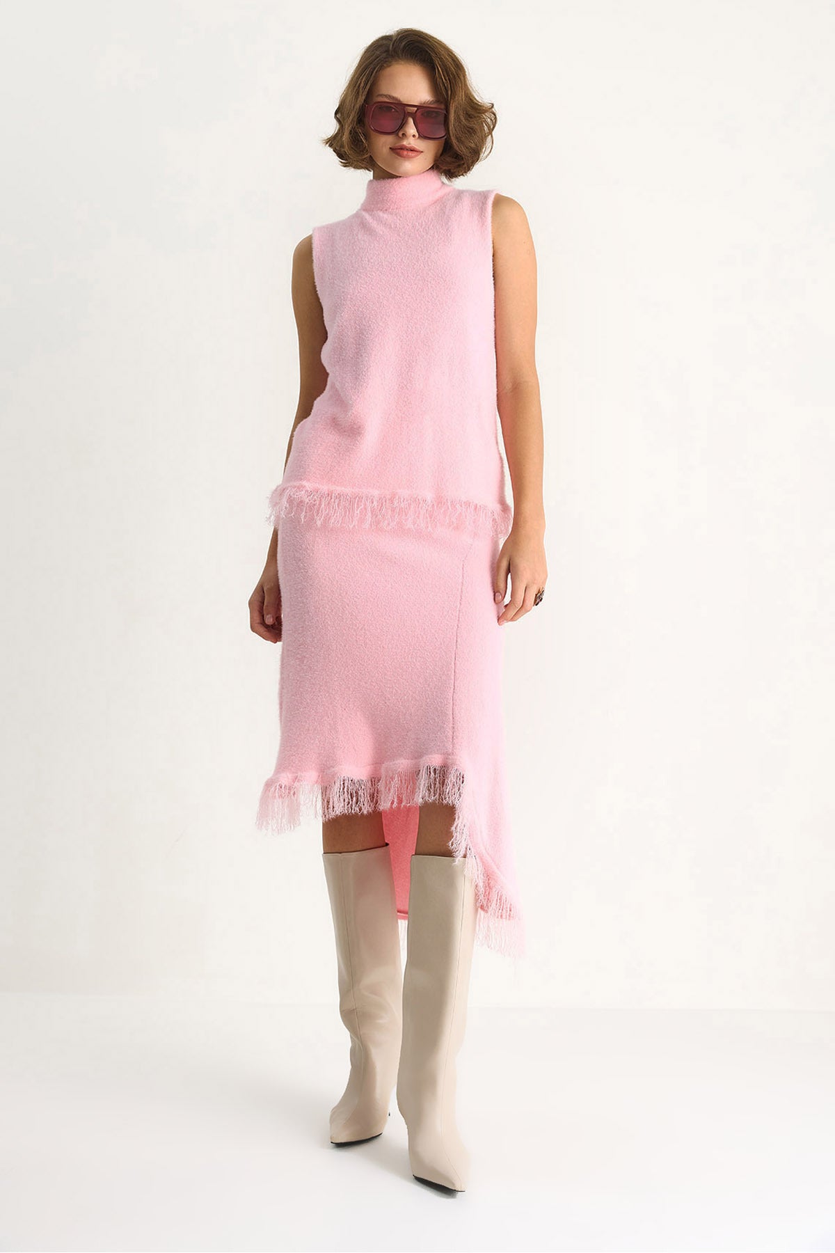 Women's Tasseled Asymmetrical Knitted Skirt Blouse Bottom-Top Set 20251005