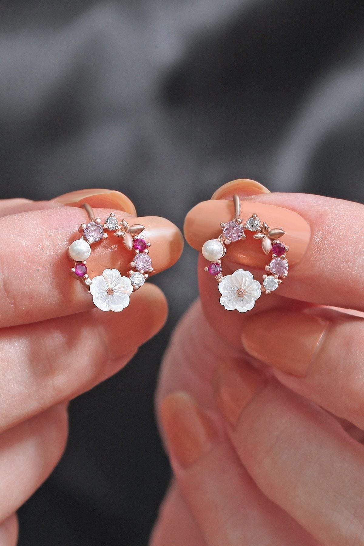 Orchid and colored stone 14 k rose gold -plated woman earrings