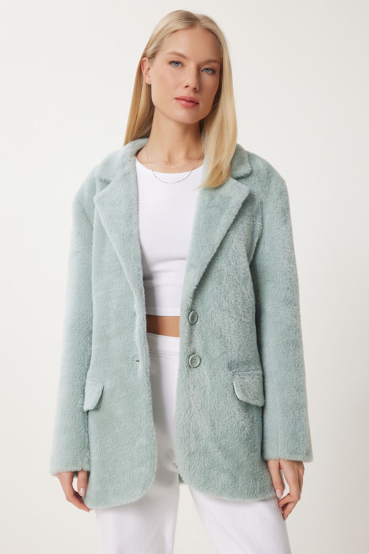 Women's Cagla Green Cruve Collar Long Artificial Fur Jacket FN03434