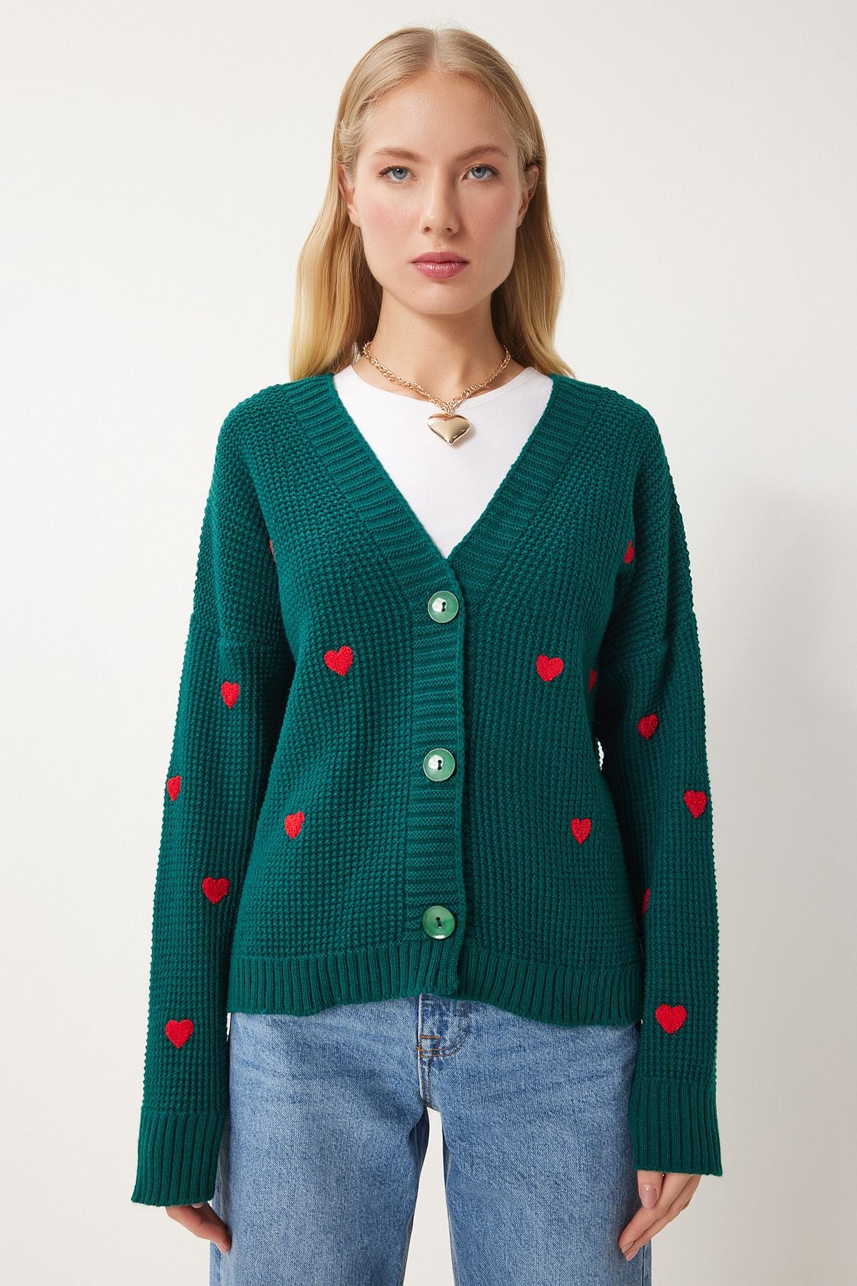 Female Emerald Green V -Neck Heart Textured Knitwear Cardigan KG00011