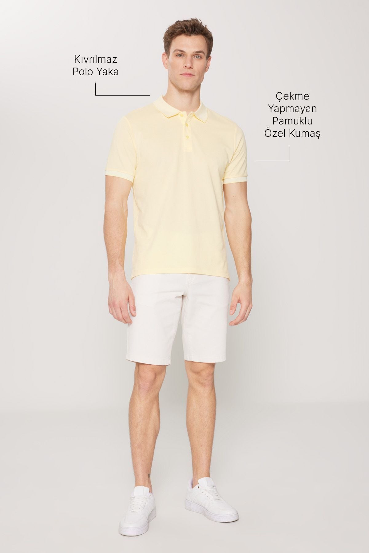 Men-drawn cotton fabric slim fit narrow cut yellow-white curled polo collar t-shirt