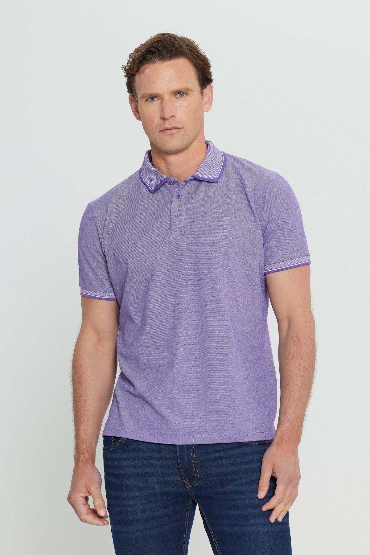 Men-Plugging Cotton Fabric Slim Fit Narrow Cut Purple-White Curlled Polo Yaka T-shirt