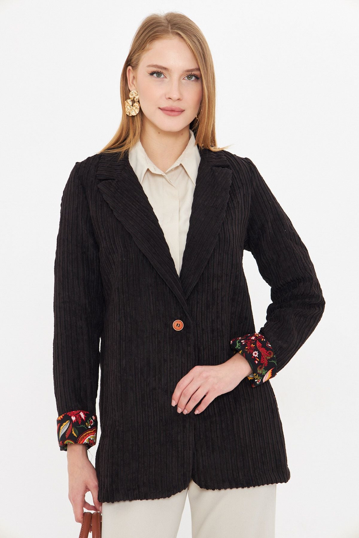 Female Black Sleeve Patterned Single button Velvet Jacket ARM-24K001056