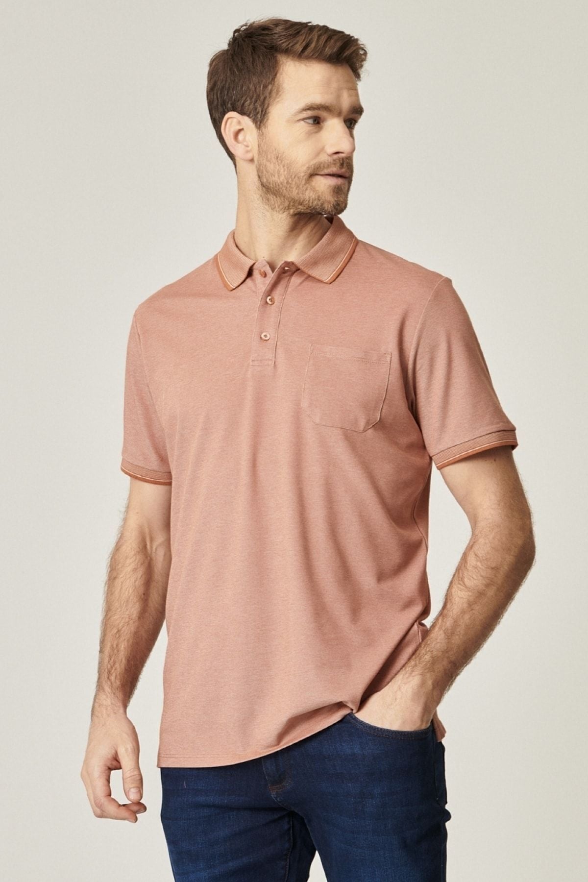 Men-Plugging Cotton Fabric Regular Fit Casual Cut Tile-Bej Curled Polo Yaka Pocket T-shirt