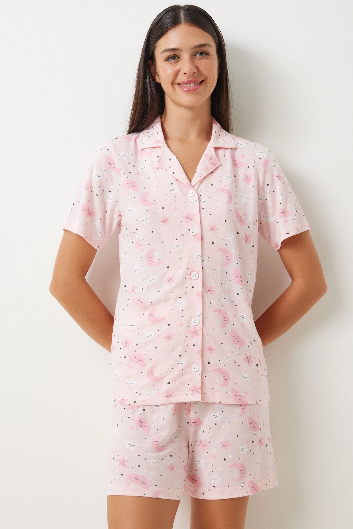 Woman Light Pink Patterned Viscose Shirt Shirt Pajama Set EC00044