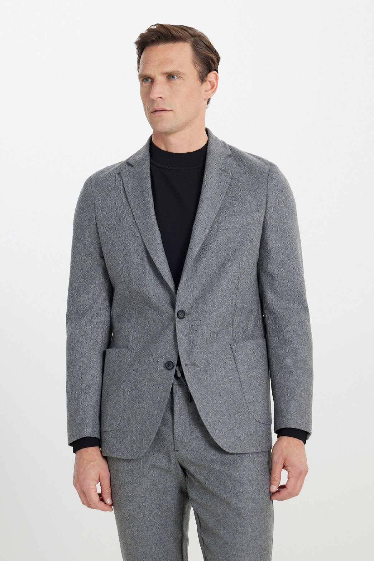 Men's gray woolen slim fit narrow -cut mono collar waist tied bag pocket suit suits