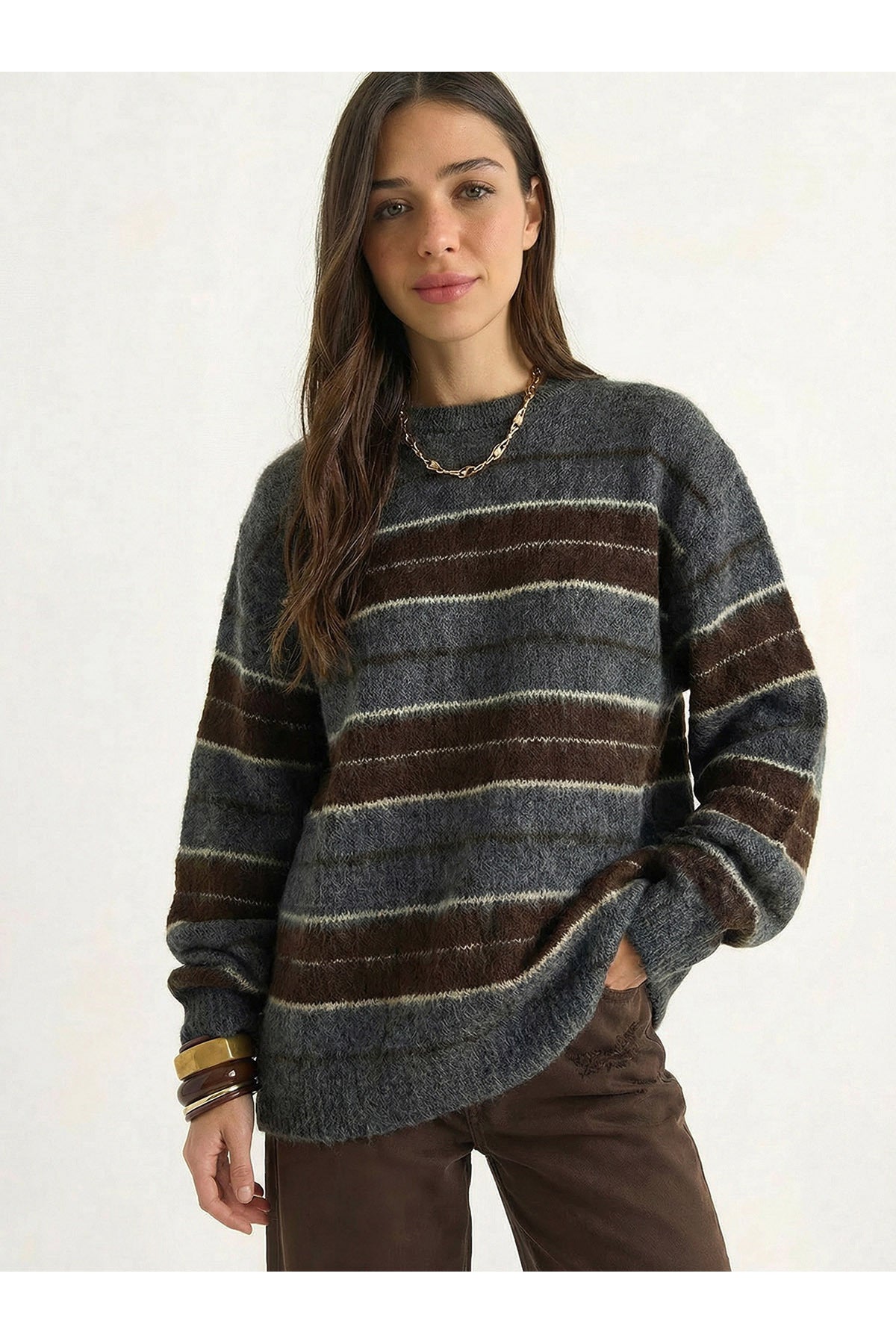 Women's Crew Neck Rose Gold Striped Basic Sweater 20251128