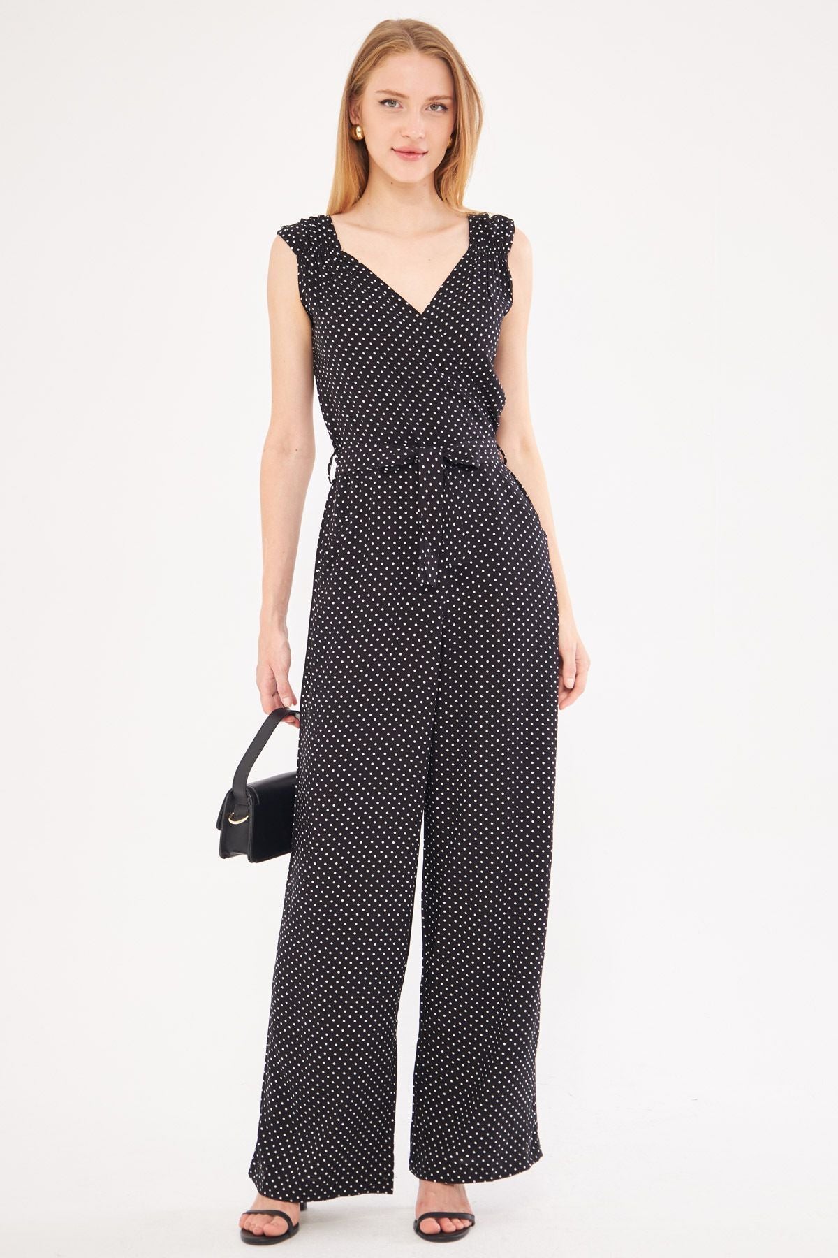 WOMEN'S BLACK-WHEEL CRABLE BOZE SHOULDER RUBE DETAILED SIRT V BEDING LONG TULUM ARM-24Y001049