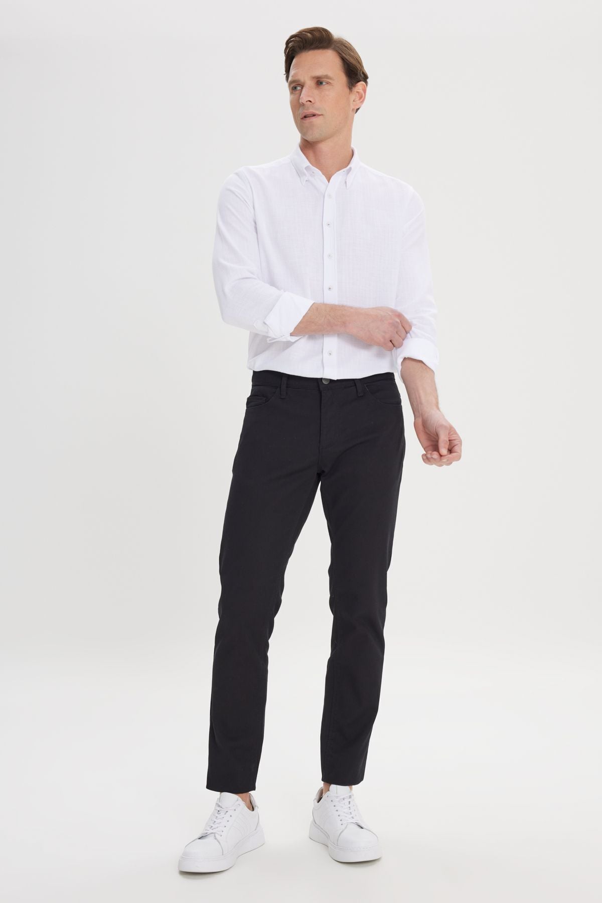 Men's black slim fit narrow cut 5 pocket Amelor Flexible Pants