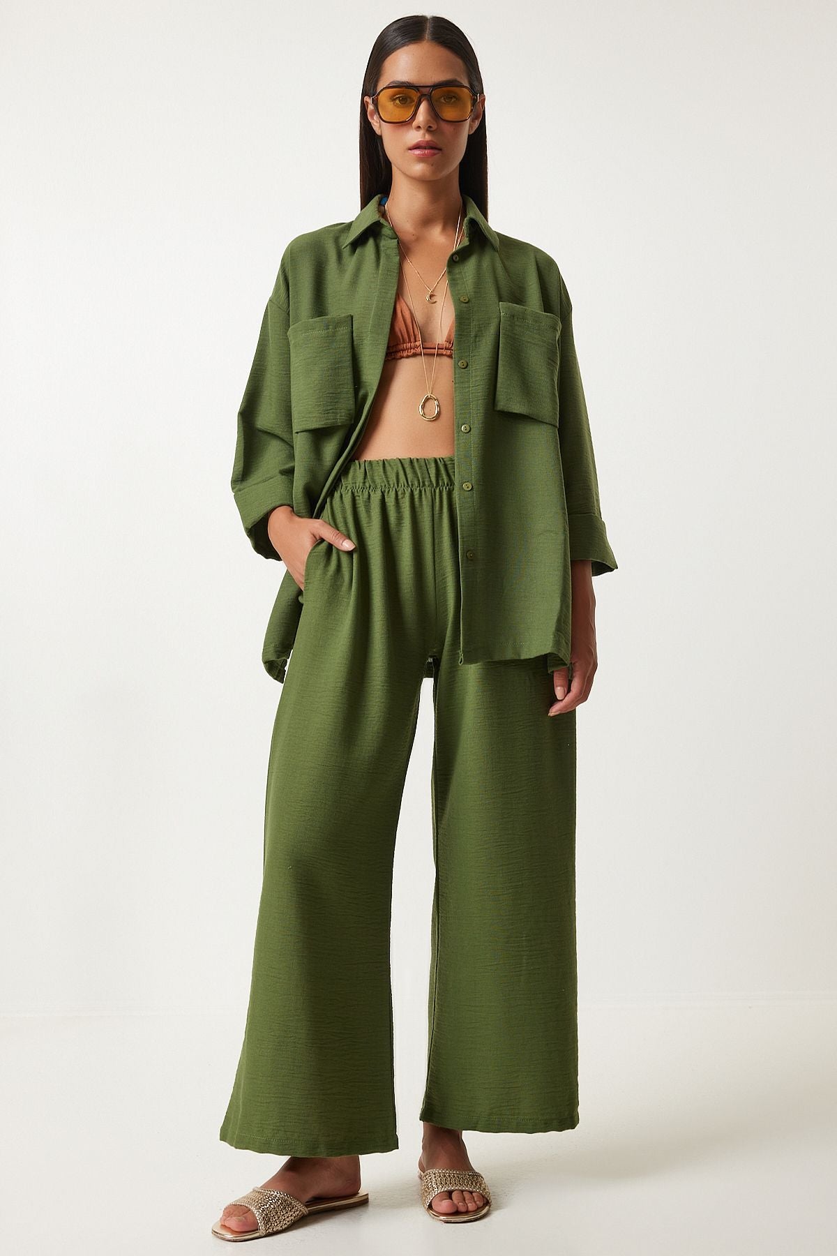 Female khaki large pocket linen mixed shirt pants set FN03205