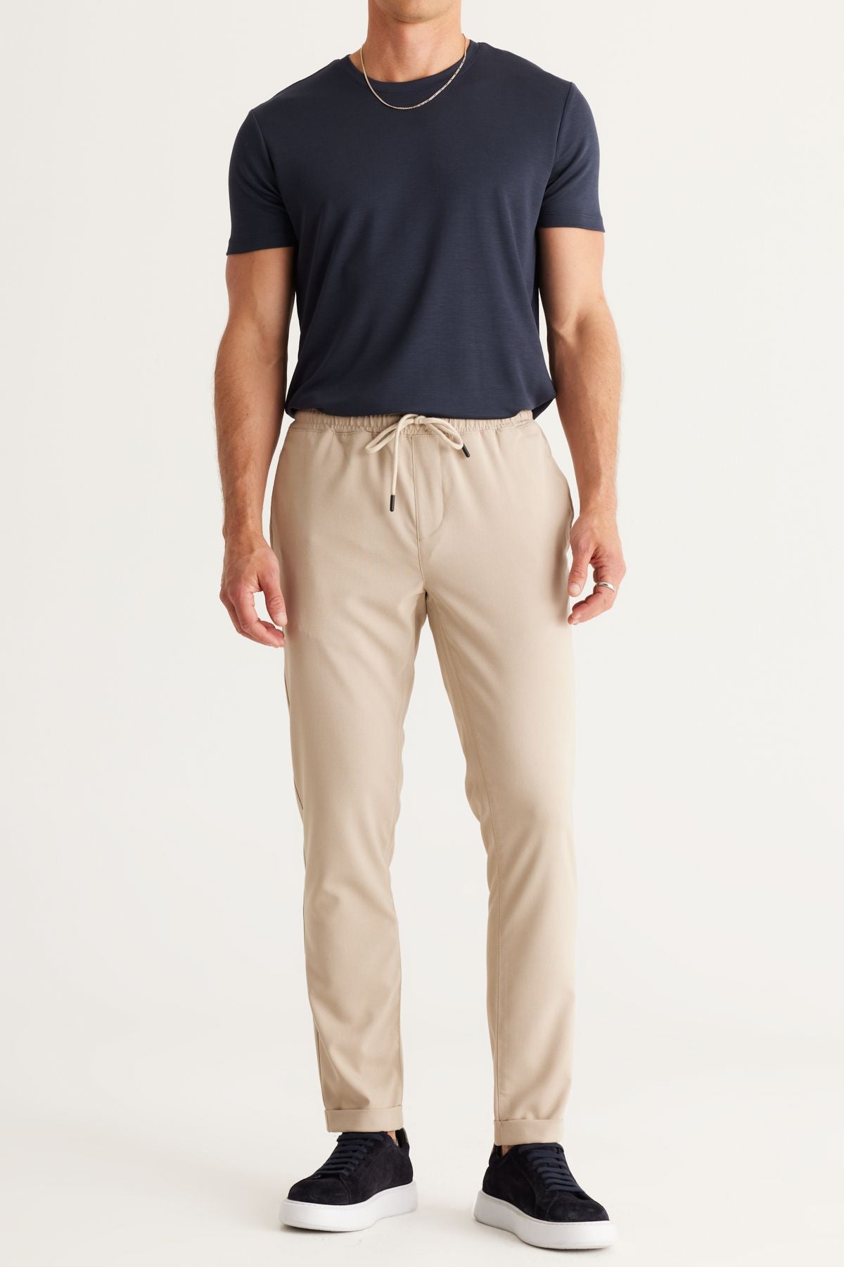 Men's Beige Slim Fit Casual Cutting Waist Tied Side Pocket Jogger Pants