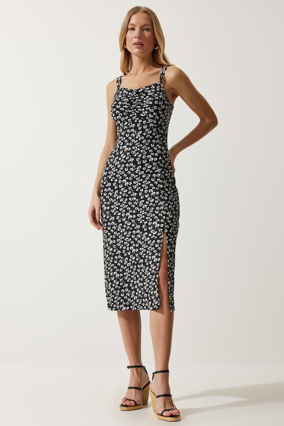 Woman Black White Double Hanger Patterned Knitting Dress MC00262
